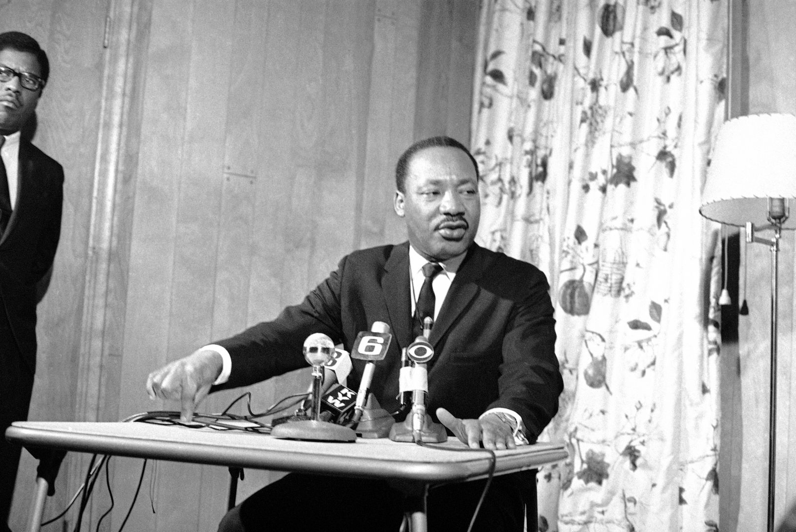 Dr. Martin Luther King, of the Southern Christian Leadership Conference, tells a news conference in Philadelphia  Feb. 9, 1968 that he will go to Washington in April with thousands of supporters to demand a comprehensive job and income program from the Federal Government. He opened the first office in Philadelphia  February 9 in conjunction with this effort. Dr. King said that the temper of the program will be nonviolent, but his people will be prepared to stay until the government responds and legislation to that aim is reached. (AP Photo)