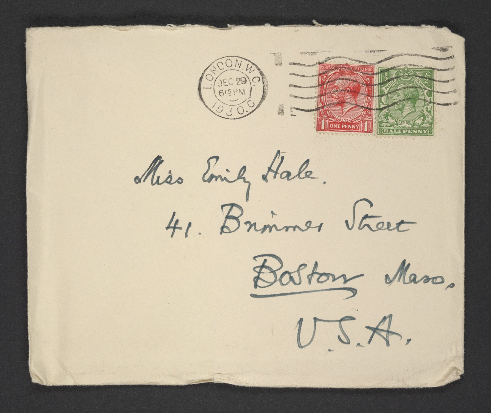 An envelope addressed to Emily Hale at 41 Brimmer Street in Boston, Massachusetts, handwritten by T.S. Eliot.