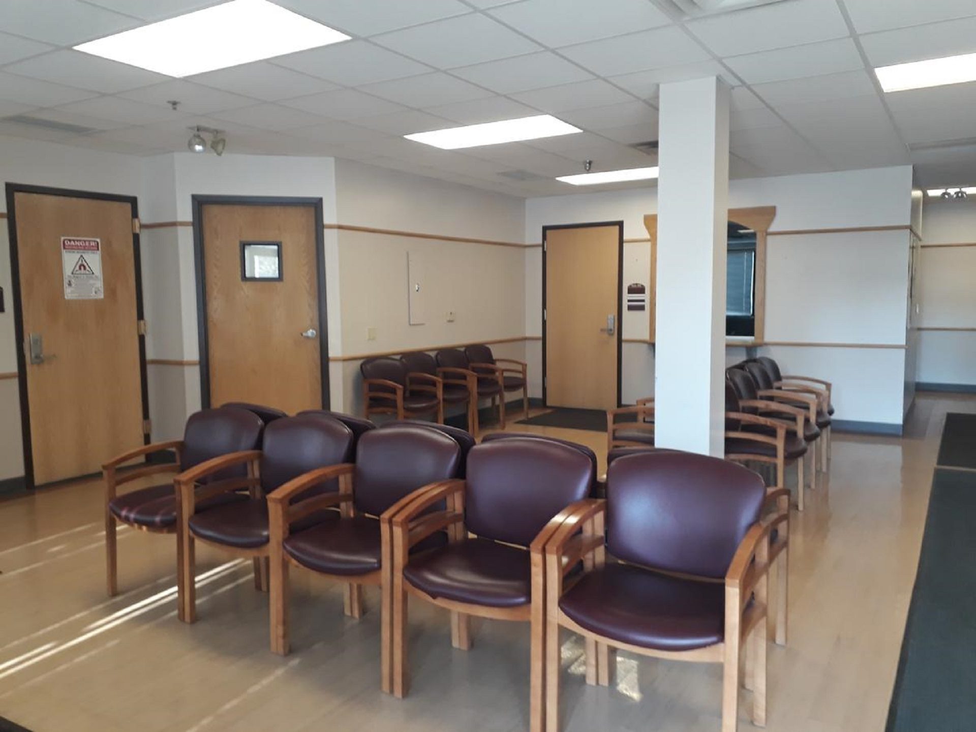 The waiting room of the diagnostic lab at Ellwood City Medical Center. To get to the office of Dr. Beth Magnifico, patients walk through this room and then take the elevator to the second level.