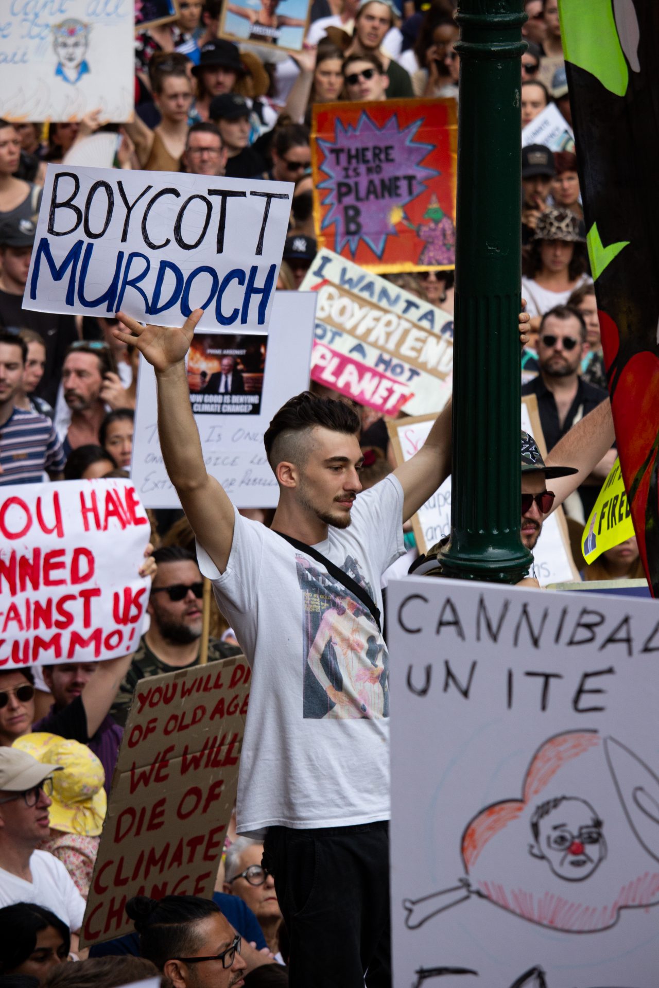 Photo taken from the climate change rally/bushfire protest in downtown Sydney, Australia, on January 10, 2020. For more photos, go to www.jordanbrownfilms.com