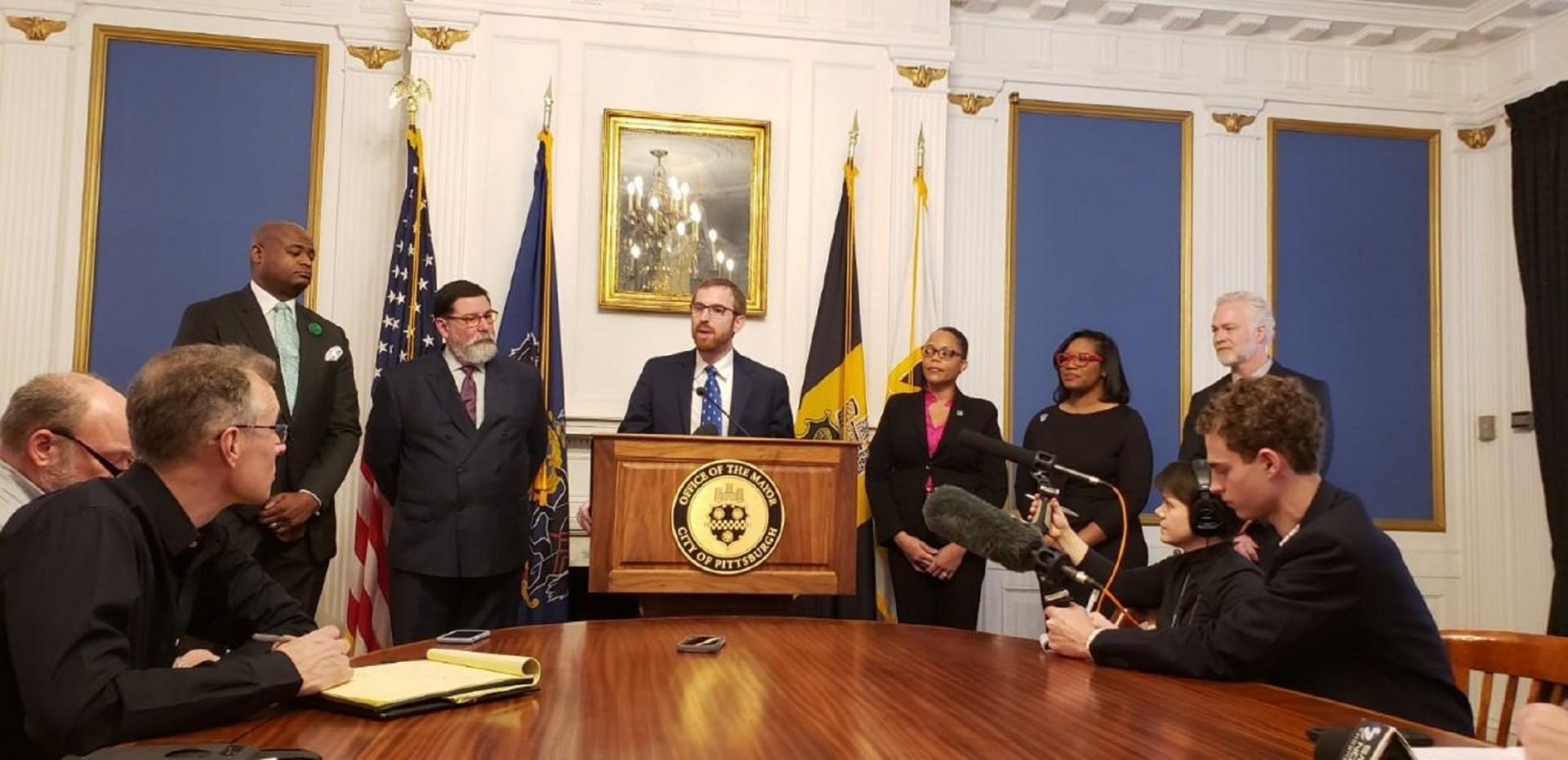 Left to right: Marty LaMar is Pittsburgh’s new chief economic development officer; mayoral chief of staff Dan Gilman; Mayor Bill Peduto; Monique Pierre is chief development officer for HACP; Diamonte Walker and Greg Flisram of the URA.