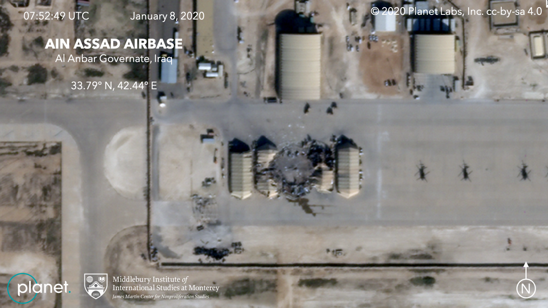 A satellite photo from the commercial company Planet shows damage to at least five structures at the Ain al-Assad air base in Iraq.