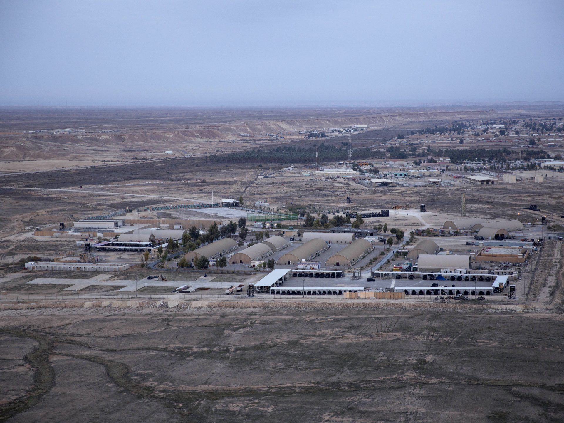 This aerial photo shows Ain al-Assad air base in the western Anbar desert, Iraq, in December 2019.