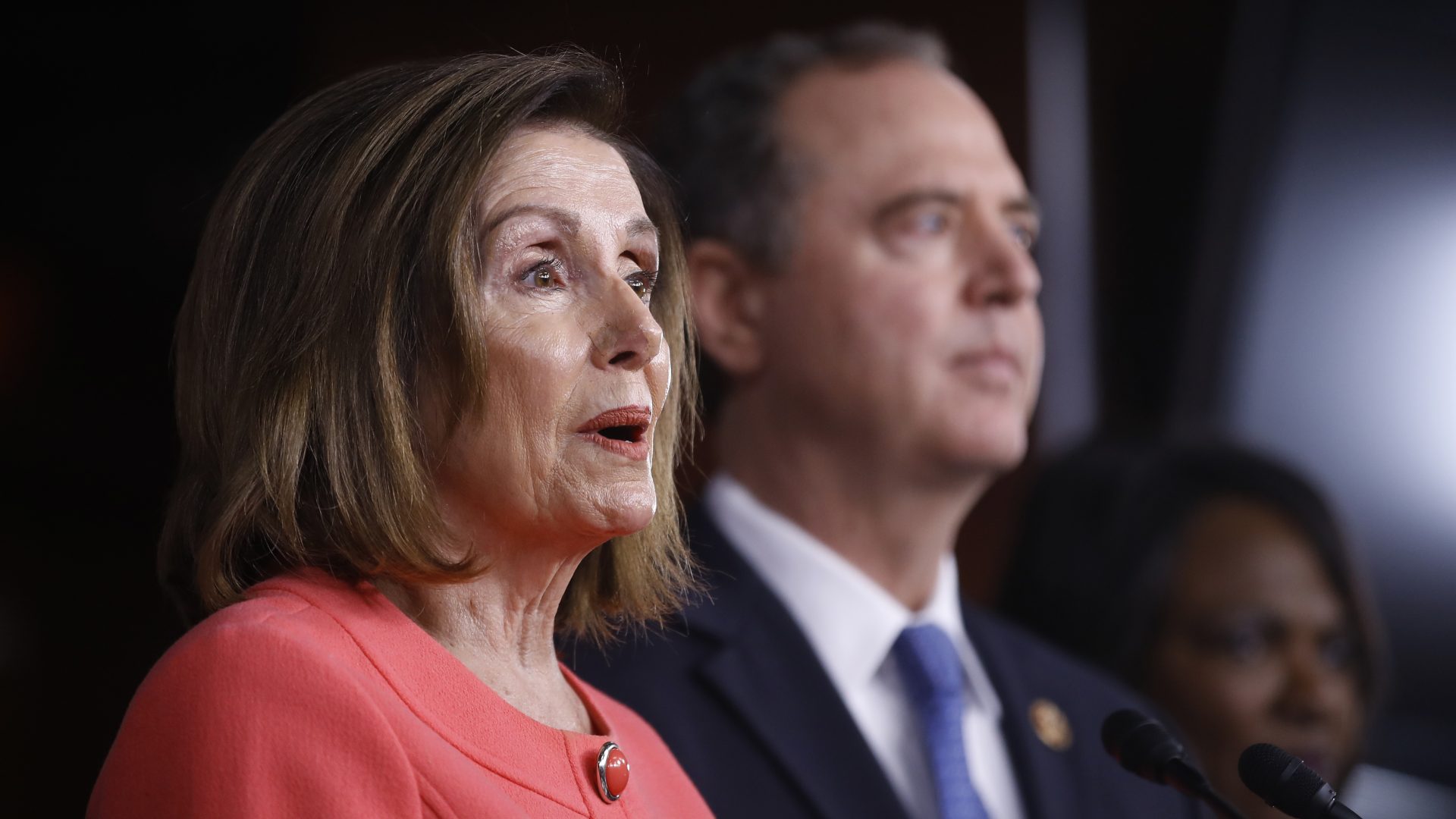 House Speaker Nancy Pelosi is joined by House Intelligence Committee Chairman Adam Schiff at a news conference to announce impeachment managers on Capitol Hill on Wednesday.