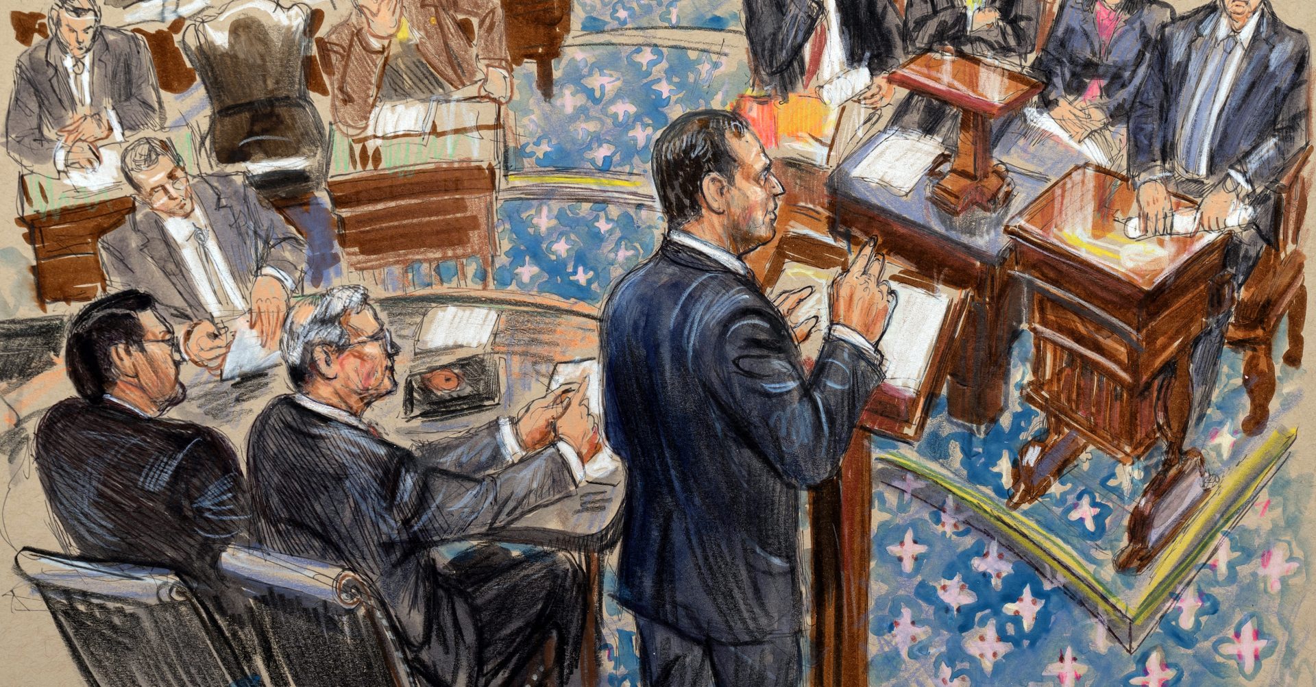 An artist sketch depicts impeachment manager Rep. Adam Schiff, D-Calif., presenting an argument in the impeachment trial of President Trump in the Senate chamber on Wednesday. Schiff and the other managers will continue their opening arguments on Thursday.