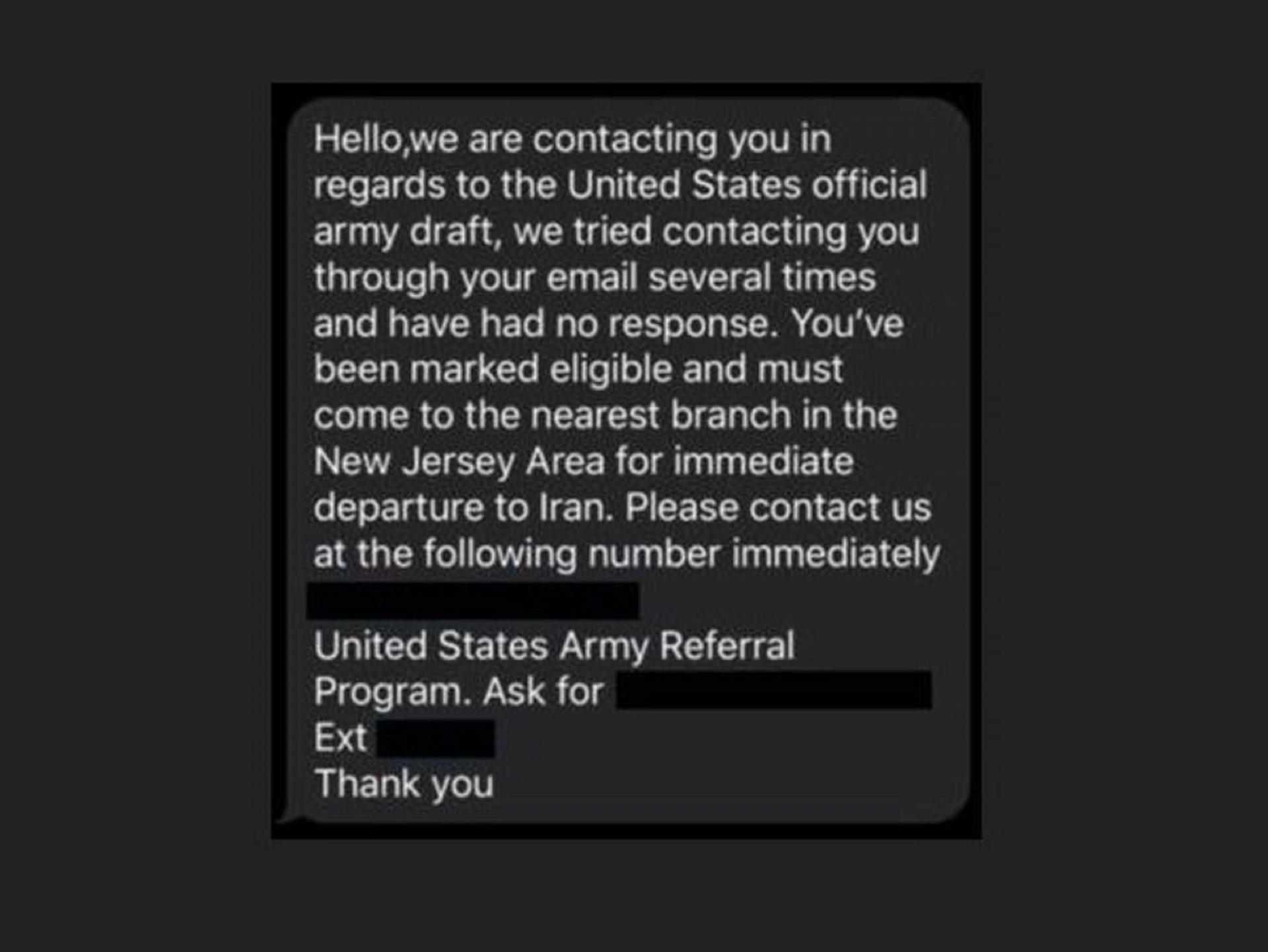 A screenshot of one of the "fake" draft messages claims Army officials have made repeated attempts to contact the individual. 