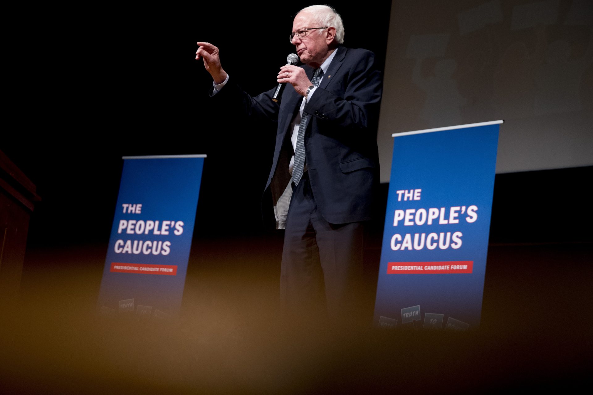 Democratic presidential candidate Sen. Bernie Sanders, I-Vt., speaks at "The People's Caucus: Vote Truth to Power" at the Holzworth Performing Arts Center at Davenport North High School, Sunday, Jan. 12, 2020, in Davenport, Iowa.