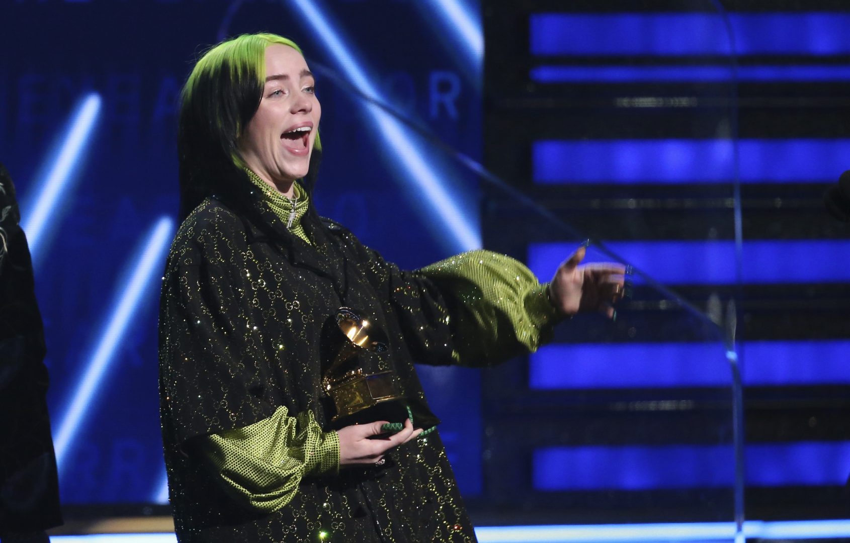 Billie Eilish accepts the award for record of the year for 