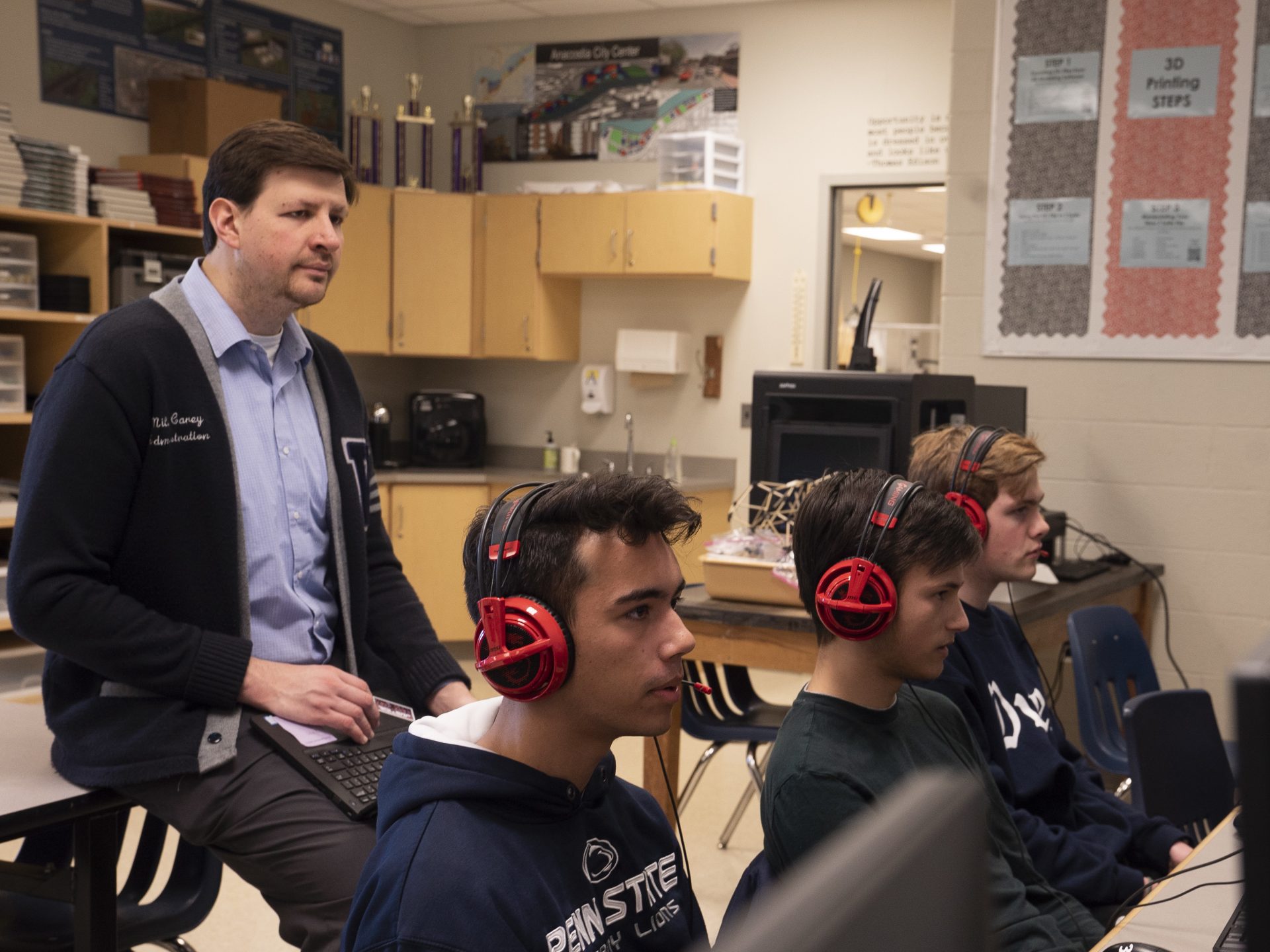 Assistant Principal Miles Carey oversees a Rocket League practice at Washington-Liberty High School in Arlington, Va.