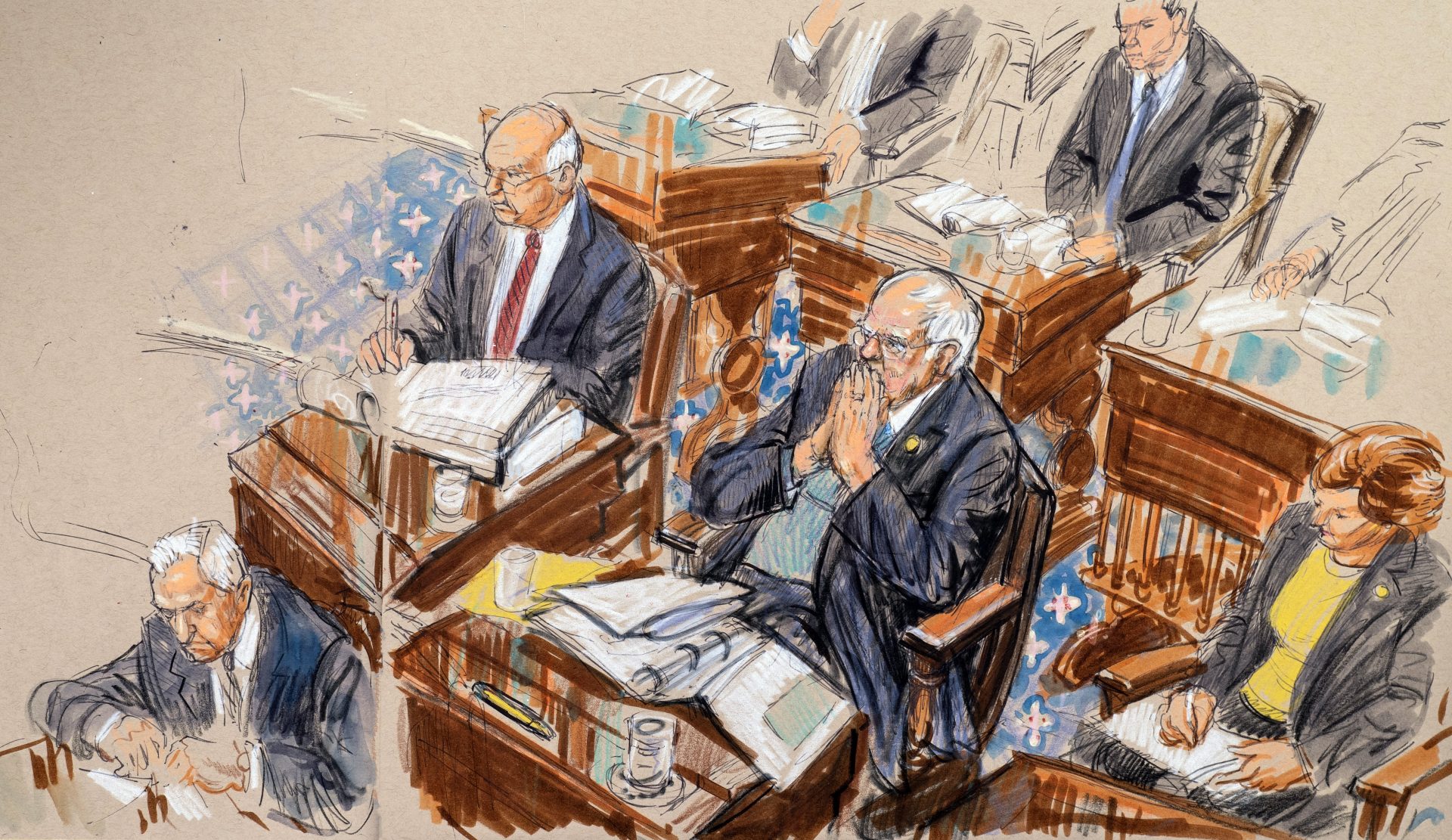 In this artist sketch, Democratic presidential candidate, Sen. Bernie Sanders, I-Vt., flanked by Sen. Ben Cardin, D-Md., left, and Sen. Tammy Baldwin, D-Wis., right, listens during the impeachment trial of President Donald Trump on charges of abuse of power and obstruction of Congress, in the Senate chamber at the U.S. Capitol in Washington, Thursday, Jan. 23, 2020. At front left is Sen. Jack Reed, D-R.I.