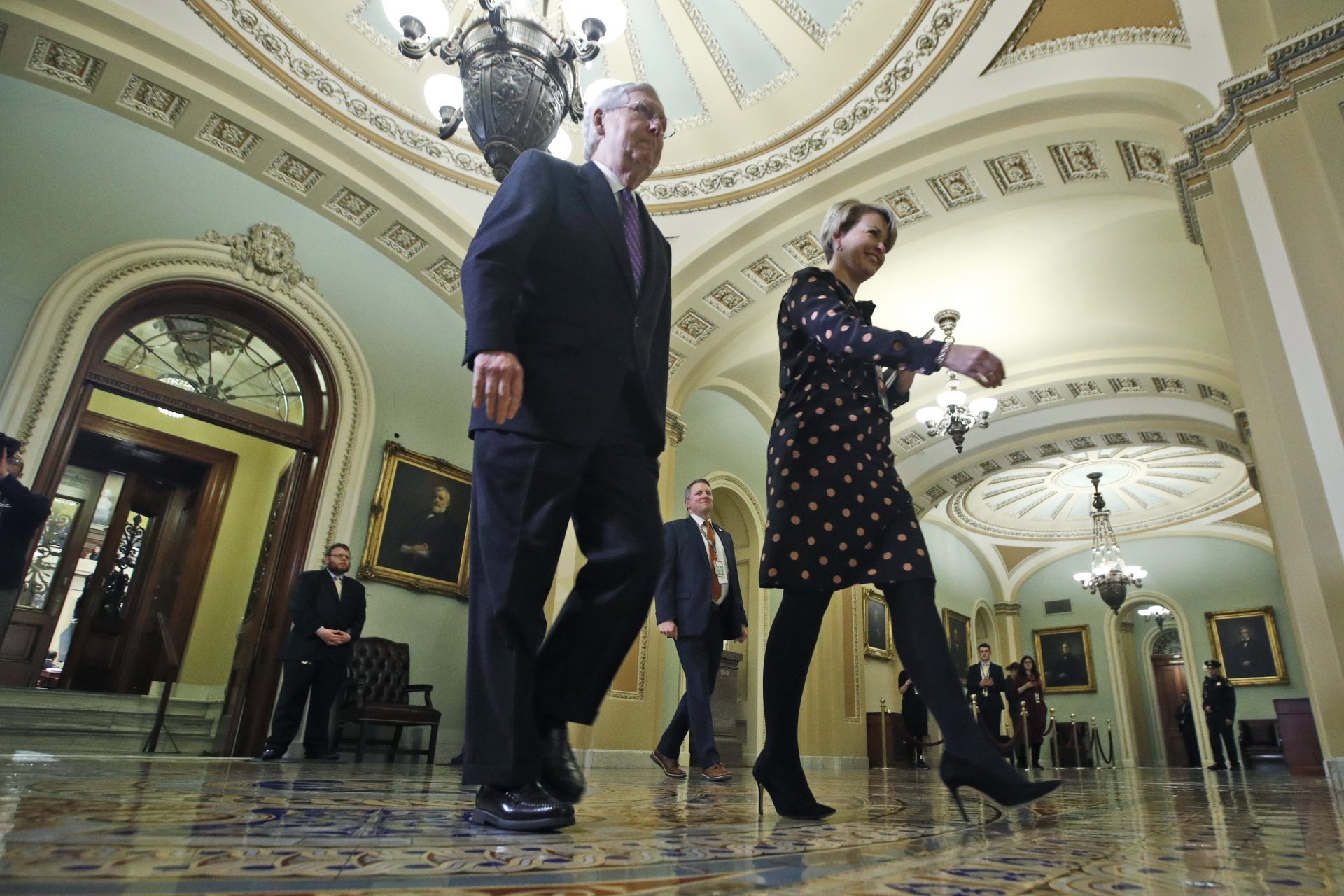 Senate Majority Leader Mitch McConnell, R-Ky., walks from the Senate chamber after the days proceedings in the impeachment trial of President Donald Trump at the U.S. Capitol Wednesday Jan 29, 2020, in Washington.