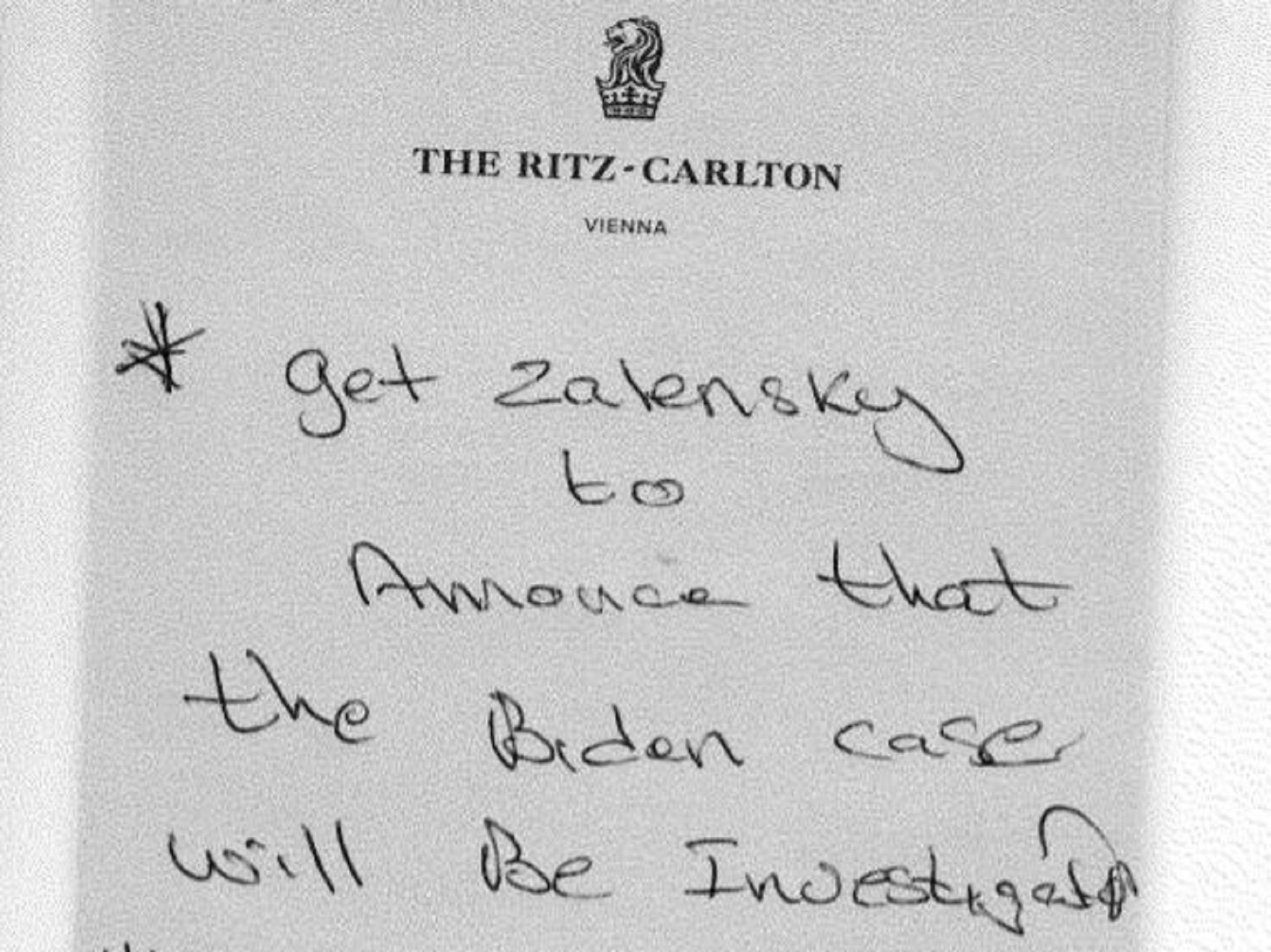 A handwritten note by Rudy Giuliani associate Lev Parnas lists his tasks, starting with getting Ukraine's new president to announce an investigation into "the Biden case.”