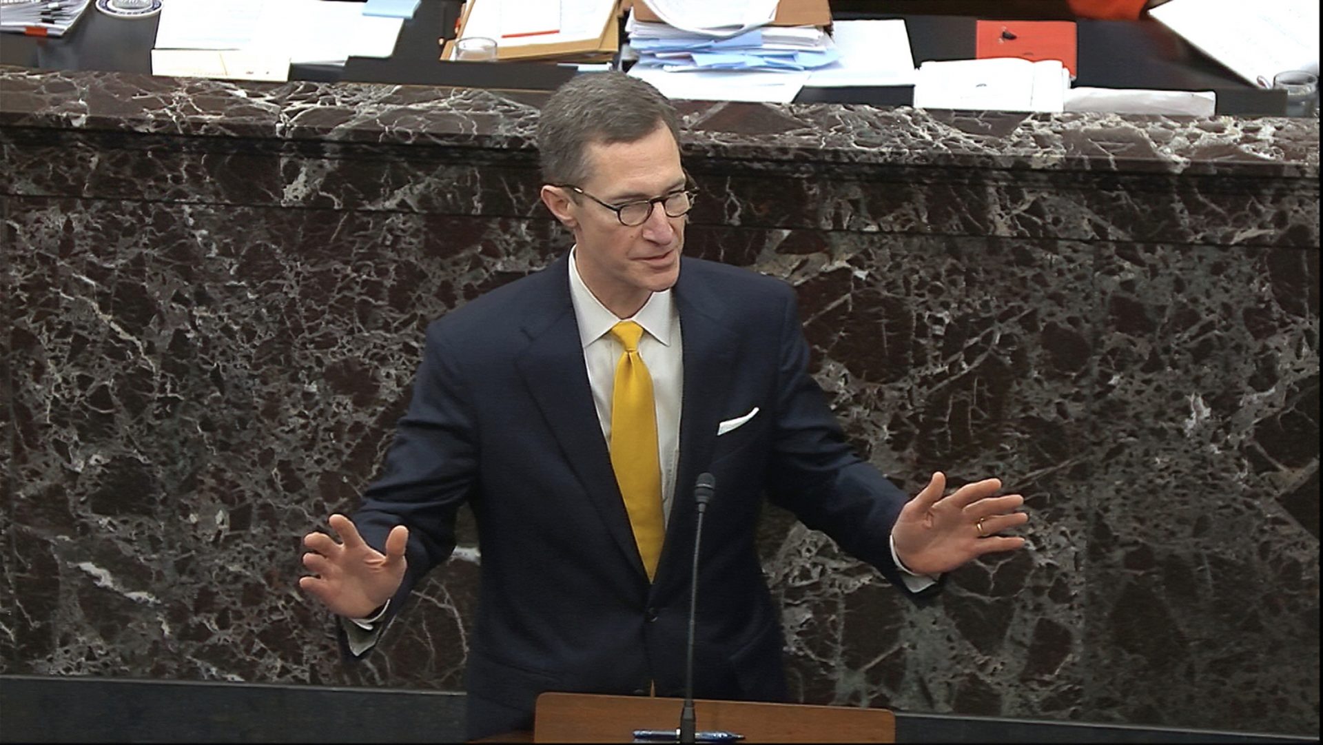 In this image from video, White House counsel Pat Cipollone speaks during the impeachment trial against President Donald Trump in the Senate at the U.S. Capitol in Washington, Wednesday, Jan. 29, 2020.