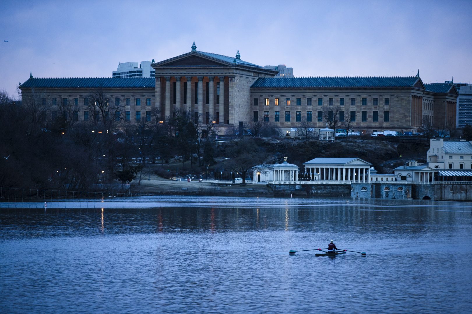 A rower passes the Philadelphia Museum of Art on the Schuylkill River in Philadelphia, Friday, Feb. 15, 2019. 