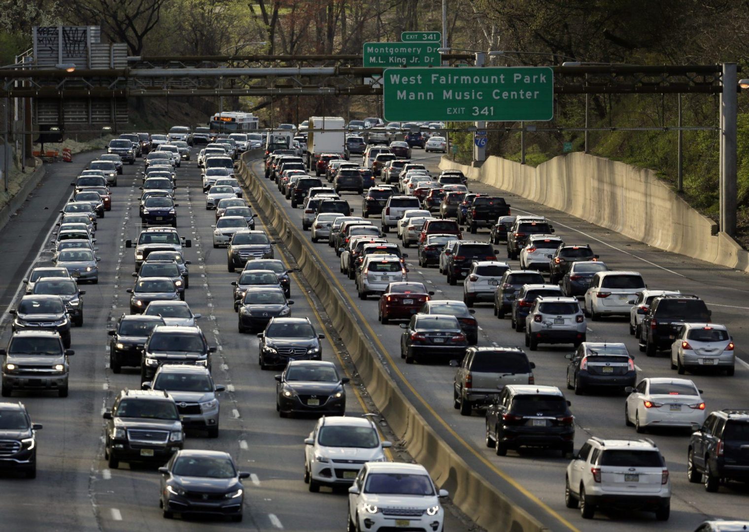 Rush-hour traffic heads west, right, and east, left, along the Schuylkill Expressway Wednesday, April 10, 2019 in Philadelphia.