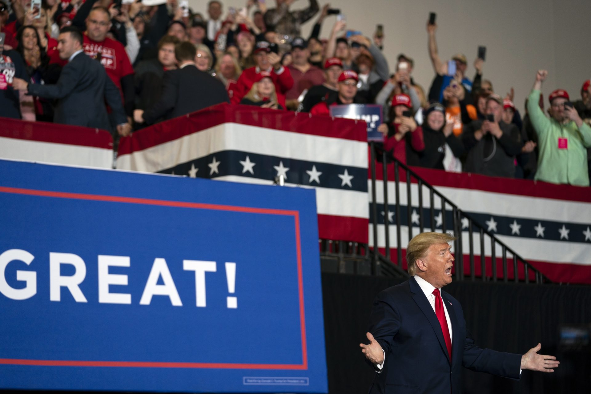 President Donald Trump arrives to speak at a campaign rally at the Wildwoods Convention Center Oceanfront, Tuesday, Jan. 28, 2020, in Wildwood, N.J.