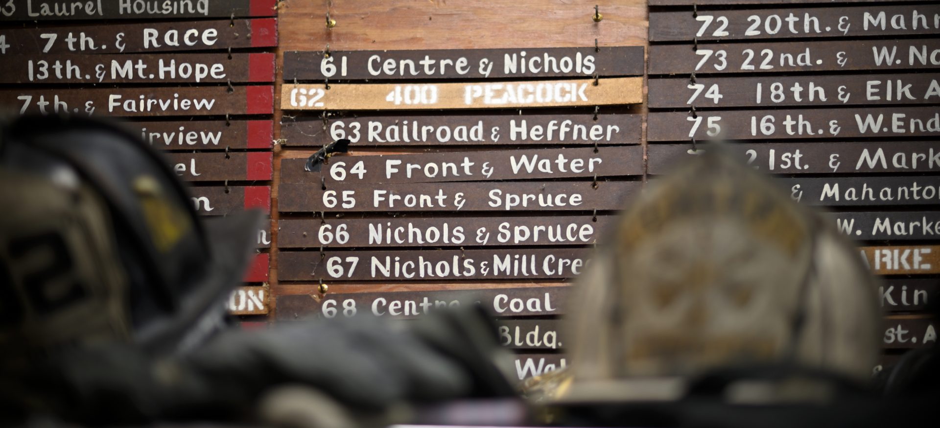 Firefighters gear and call box locations at the fire house of the Humane Fire Co., in Pottsville, PA, on December 15, 2019.