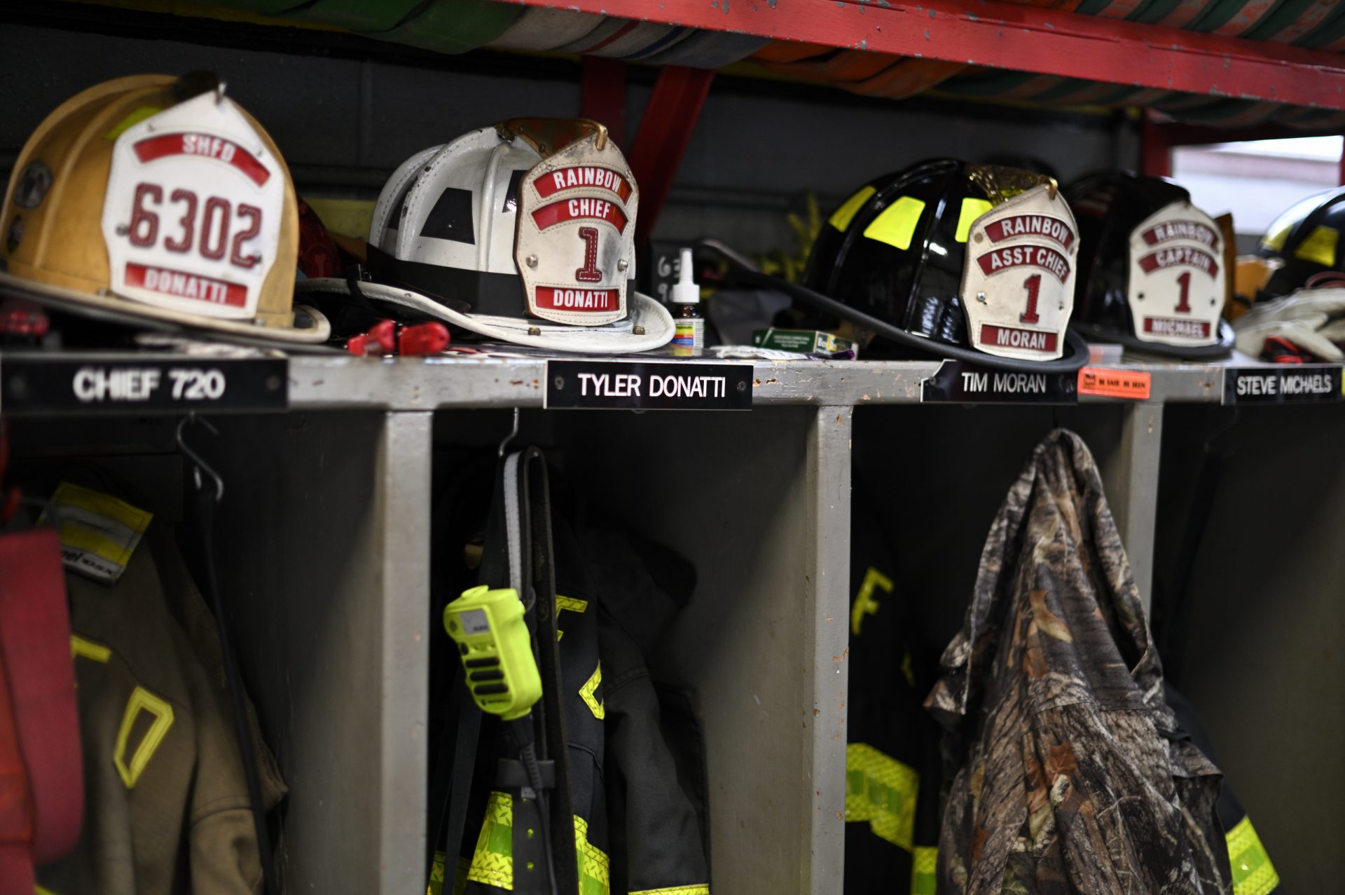 Helmets of volunteer firefighters at the fire house of the Rainbow Hose Co., in Schuylkill Haven, PA, on December 15, 2019.