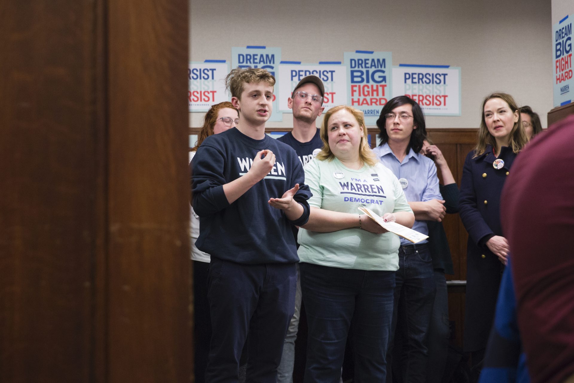 (From left) Jack DiPrimio and Beth Finn petition for candidate Elizabeth Warren at the University of Pennsylvania satellite Iowa caucus on February 3, 2020.