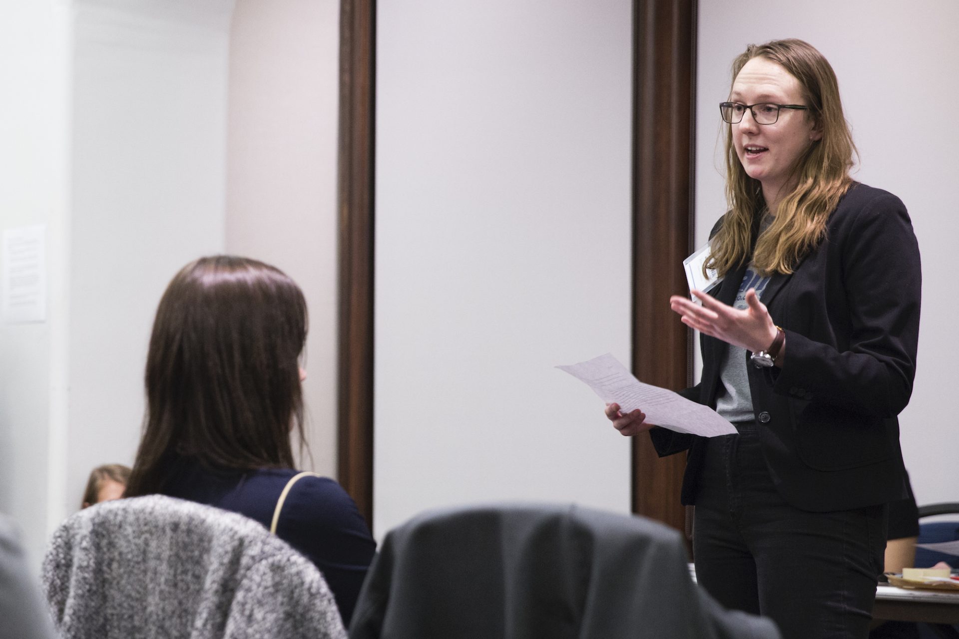 Jessica Anderson, 21, a junior at the University of Pennsylvania, petitions for candidate Andrew Yang at Penn's satellite Iowa caucus on February 3, 2020.