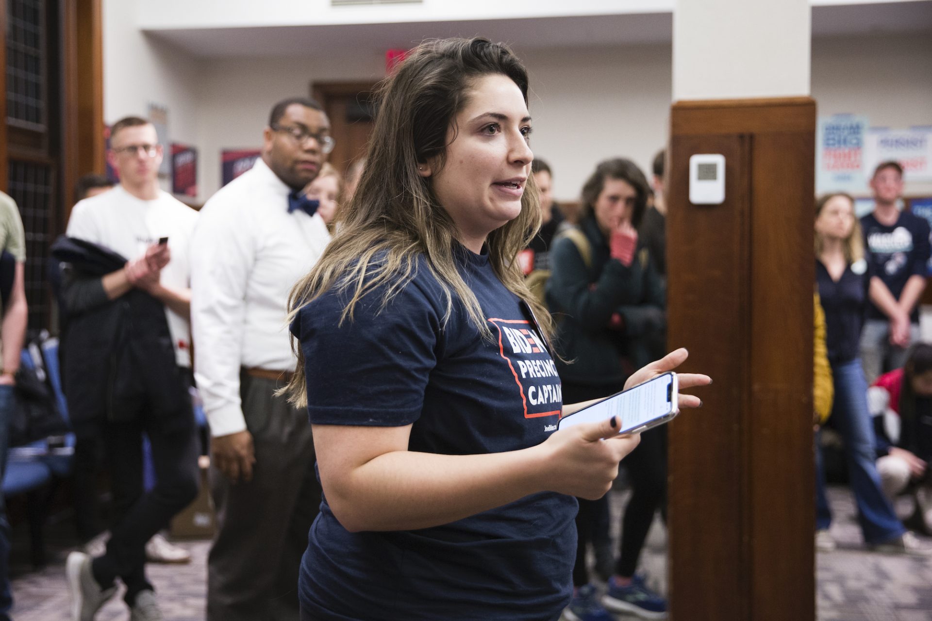 Kelly Langford, an "observer" at the University of Pennsylvania's satellite Iowa caucus, petitions for candidate Joe Biden on February 3, 2020.