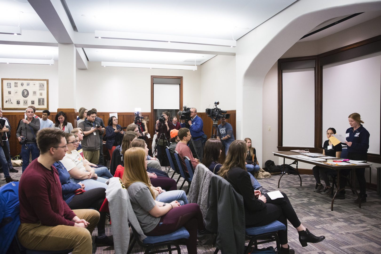 Fourteen Iowa residents partake in a satellite Iowa caucus at the University of Pennsylvania on February 3, 2020. The group ultimately assigned two delegate votes to Bernie Sanders, one to Elizabeth Warren, and one to Pete Buttigieg.