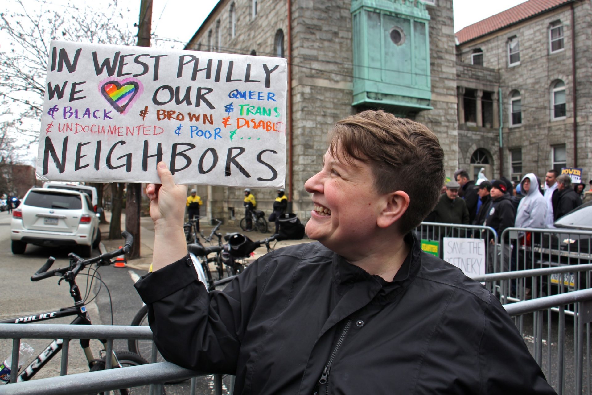 Amelia Hoover Green joins protesters at St. Francis de Sales school in West Philadelphia, where Vice President Mike Pence was speaking on school choice.