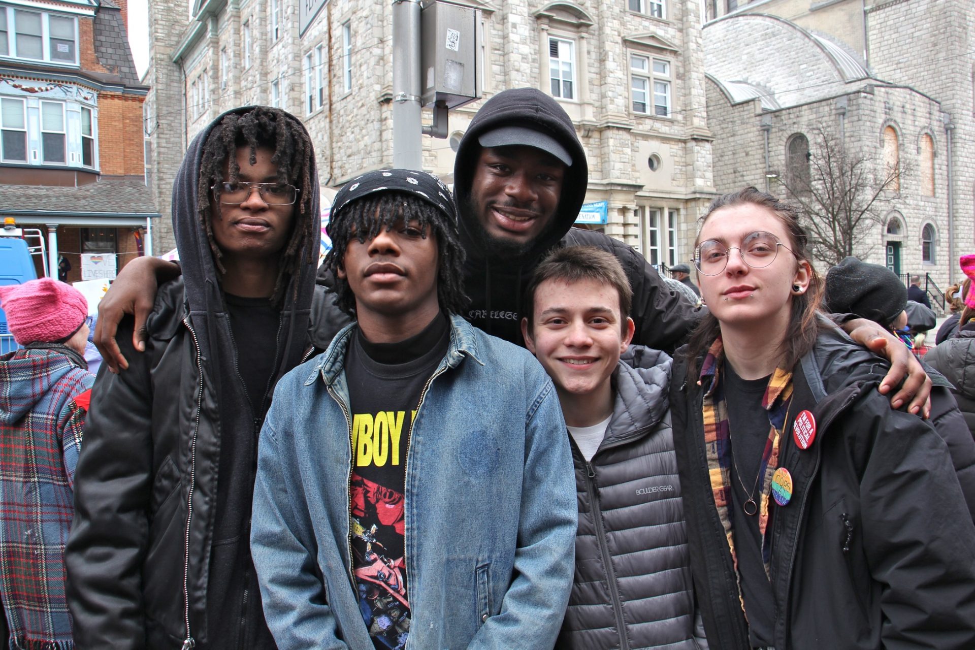 Studemts from the Philly Free School, an alternative school in West Philadelphia, attend a protest against Vice President Mike Pence, who was speaking at St. Francis de Sales School. They are (from left) Prey Lambert, Miles Conyers, Sabri Stamps, Ivo Linkin and Tobias-Maxwell Steich-Otto.