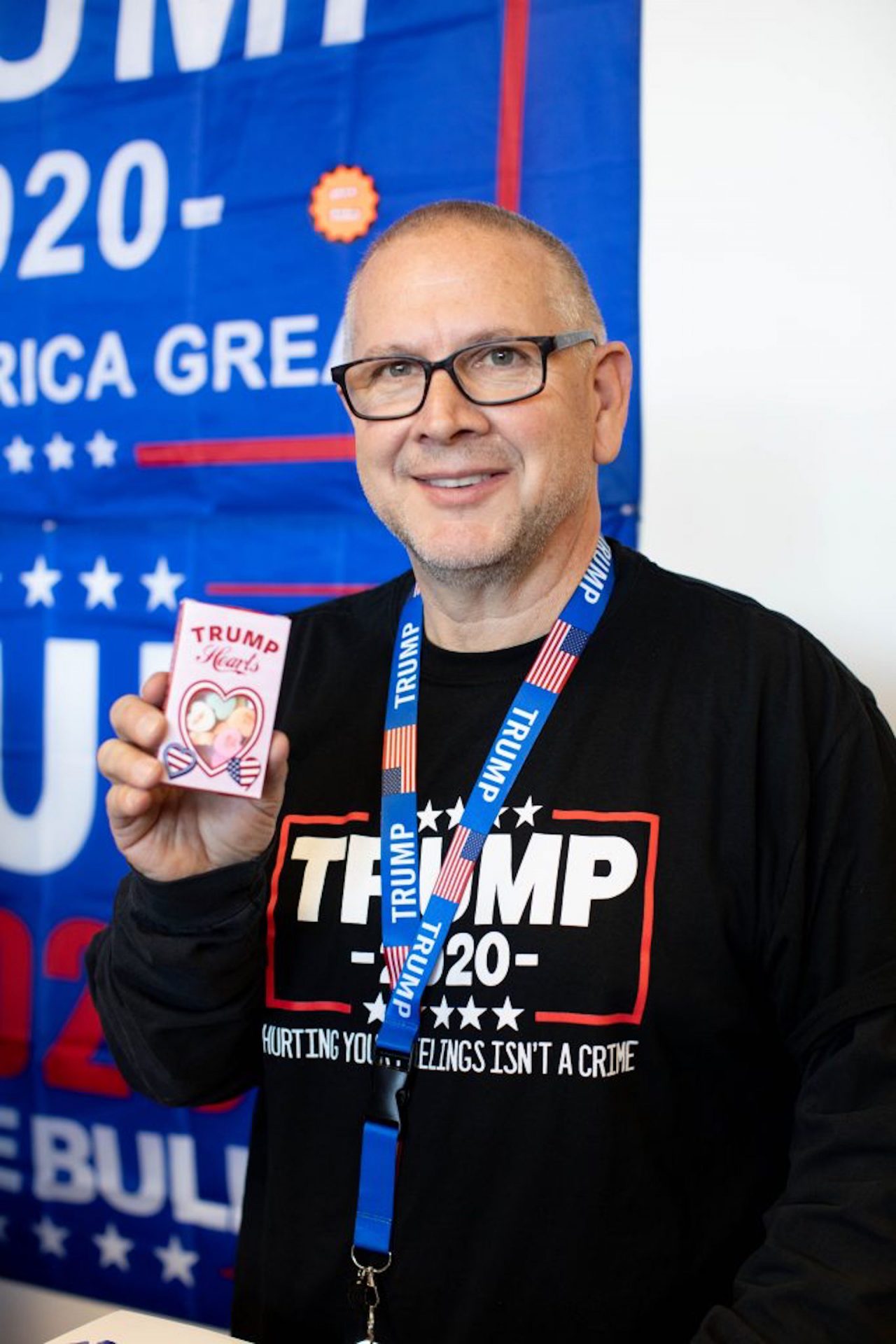 Michael Domanico, the owner of the Trump Store in Bensalem, holds “Trump hearts” for Valentine’s Day.