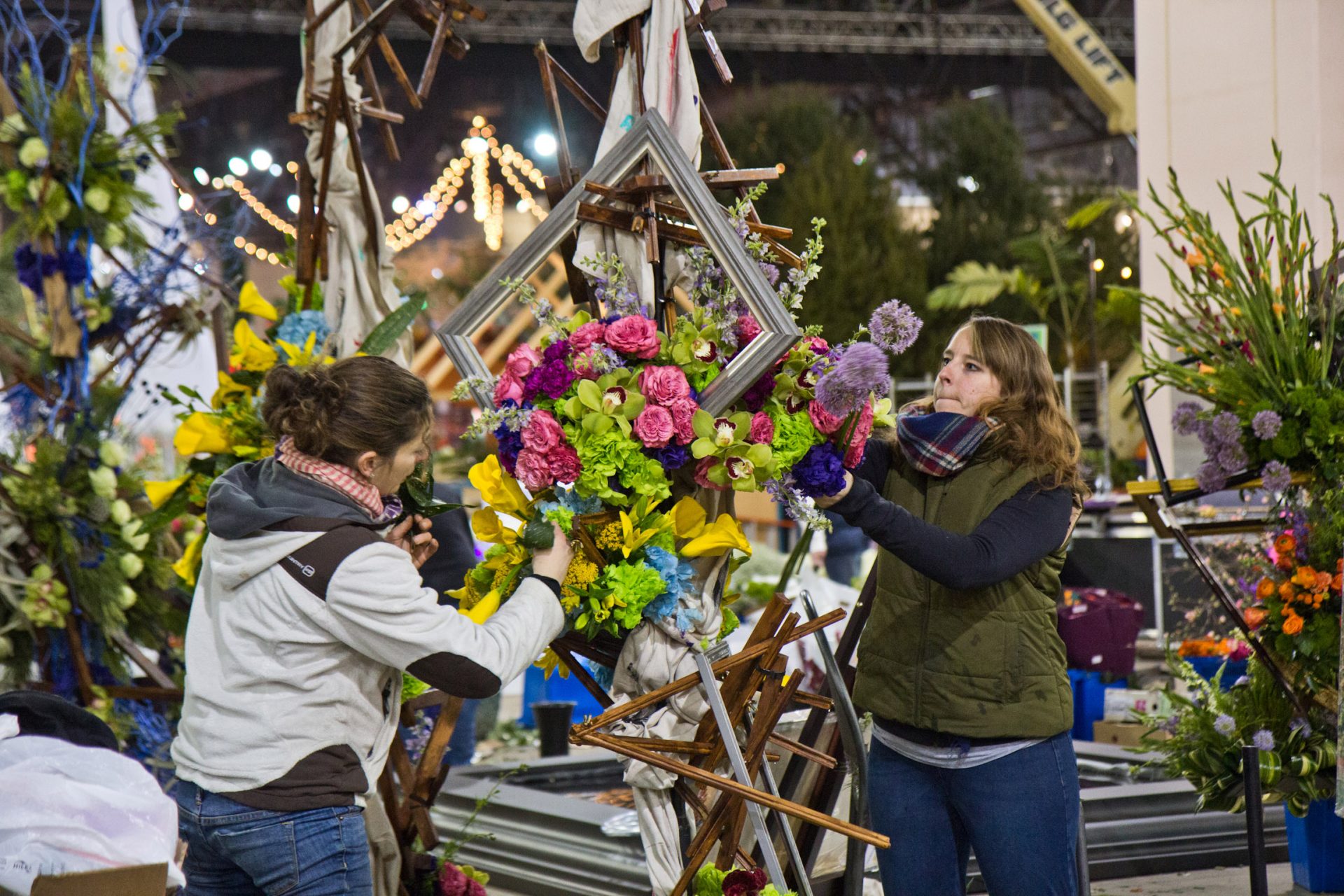 “First Impression” a design by Langhorne’s Flowers by David, being built Thursday at the 2020 Flower Show.