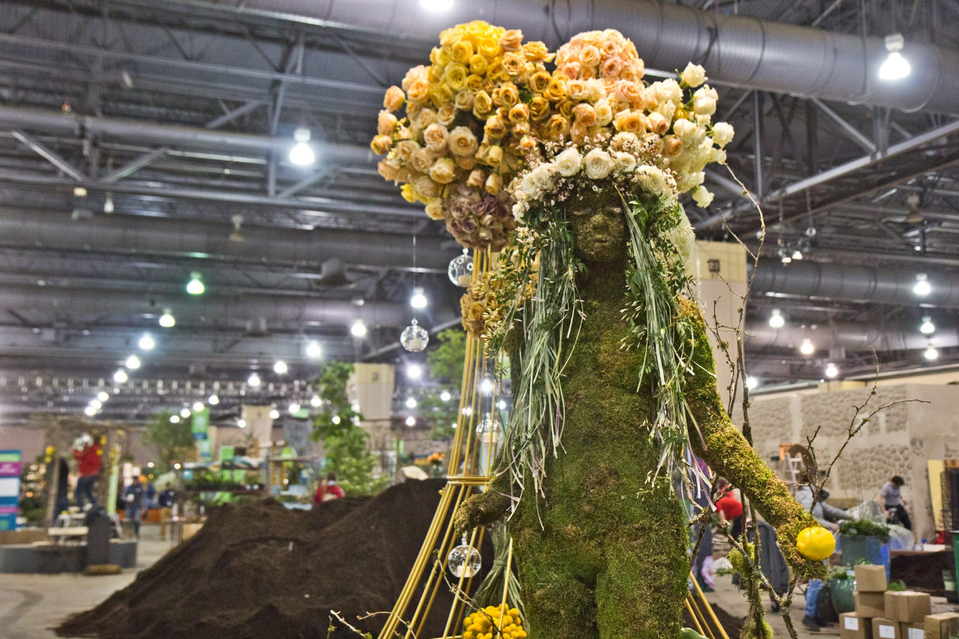 “L’Histoire de Citron” a design by Philadelphia’s Maura Rose Floral Design & Events, being built Thursday at the 2020 Flower Show.