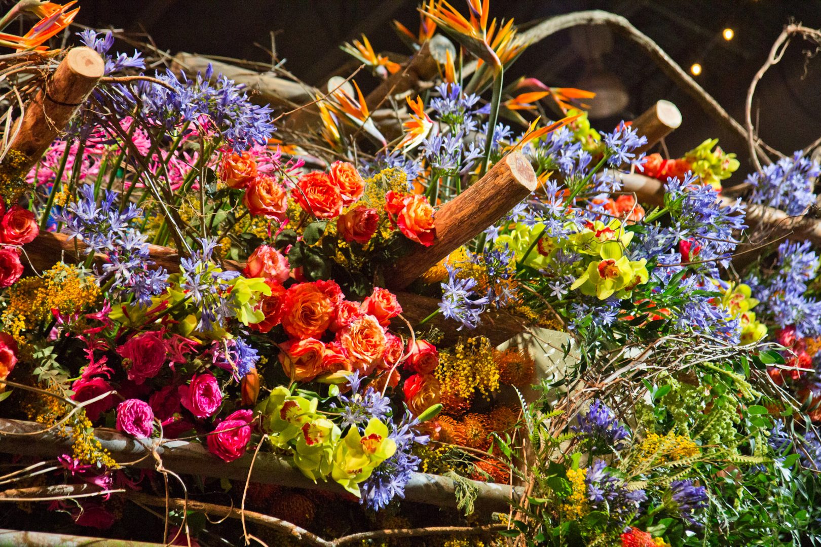 Flowers atop the main exhibit of the 2020 Philadelphia Flower Show, themed “Rivera Holiday.”