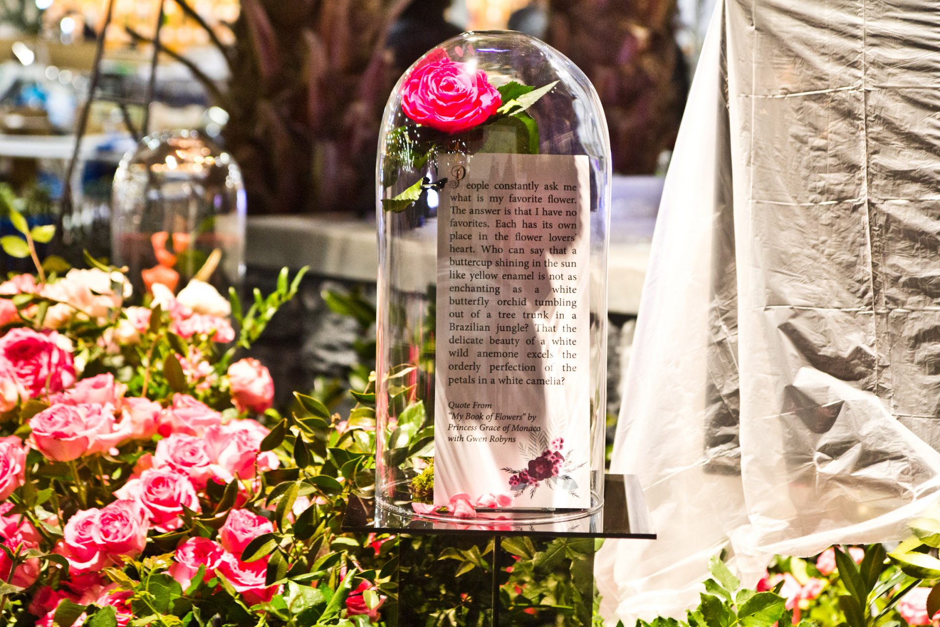 The Princess Grace Rose Garden at the 2020 Philadelphia Flower Show features quotes from Grace Kelly, Princess of Monaco’s “My Book of Flowers.”