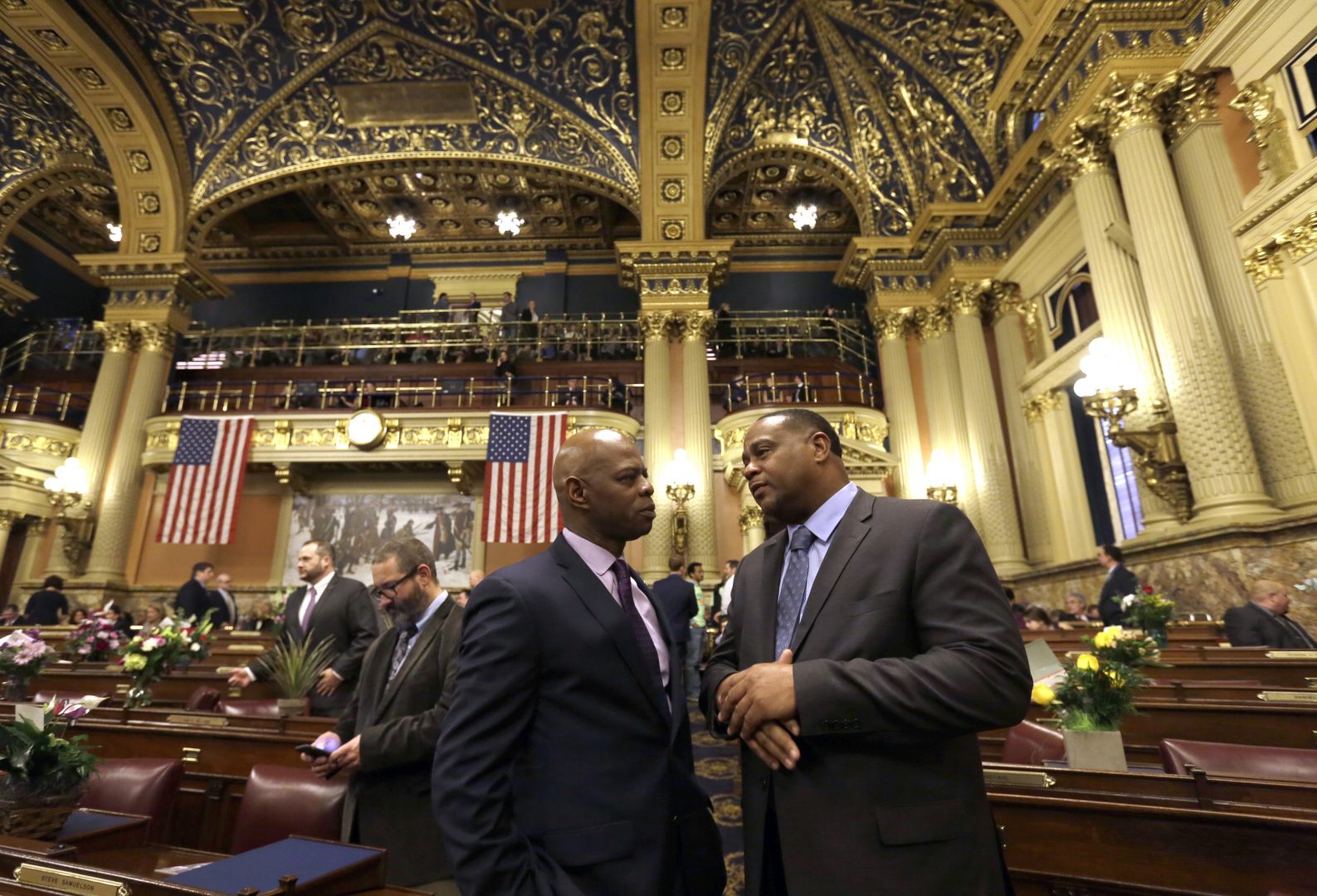 FILE PHOTO: Pennsylvania state House Rep. Ed Gainey, D-Pittsburgh, right, talks with Rep. Stephen Kinsey, D-Philadelphia, Tuesday Jan. 1, 2019, at the statehouse in Harrisburg, Pa.