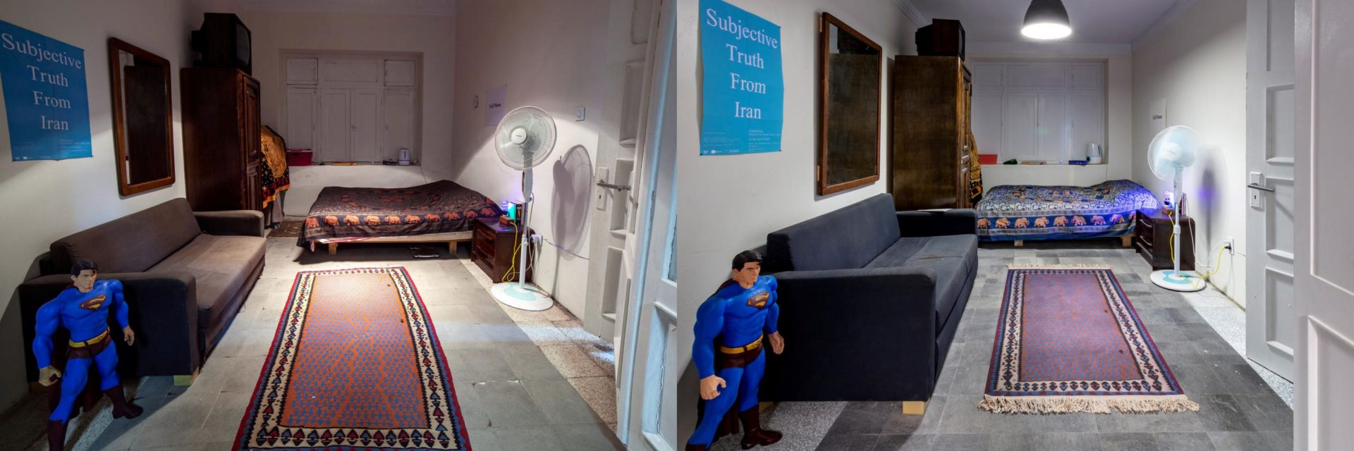 Sohrab Kashani's bedroom in his Tehran, Iran apartment (left) and the recreated bedroom in "The Other Apartment" at the Mattress Factory Museum.