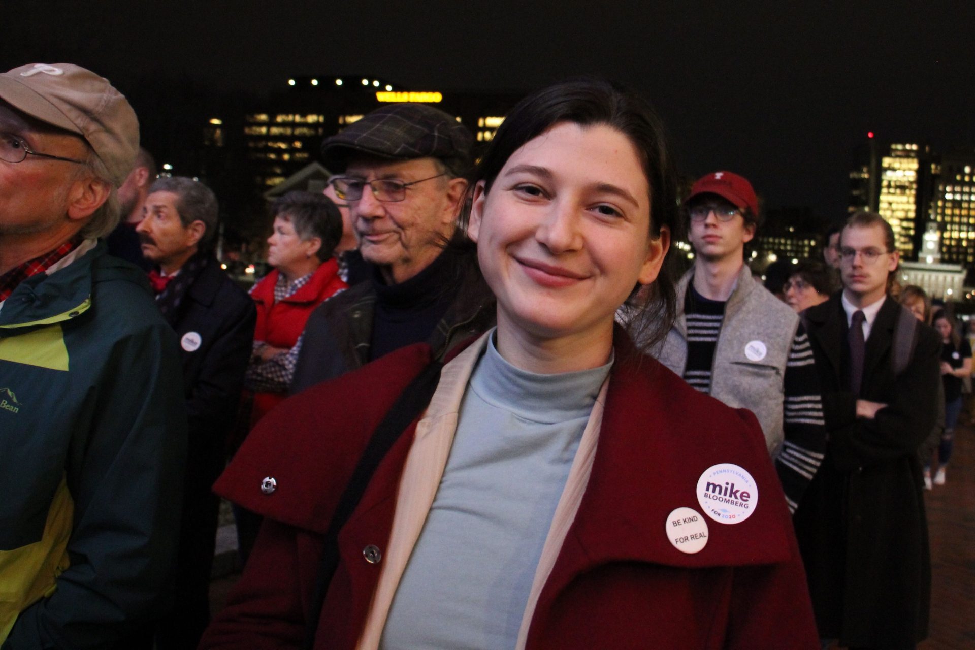 Gabby Siwiec of Bayonne, N.J., arrives at the National Constitution Center to see Presidential candidate Michael Bloomberg. 