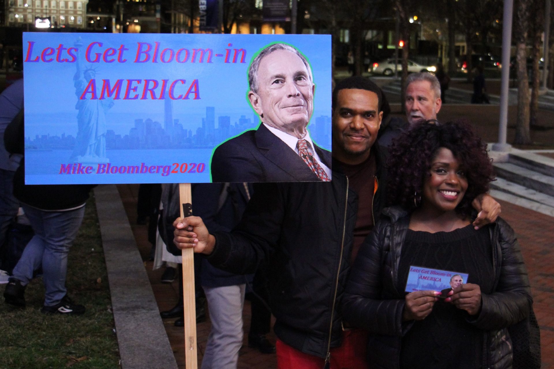 Mike Dacosta and Geraldyne Rene travelled from Queens with a message of support for Presidential candidate Michael Bloomberg. 