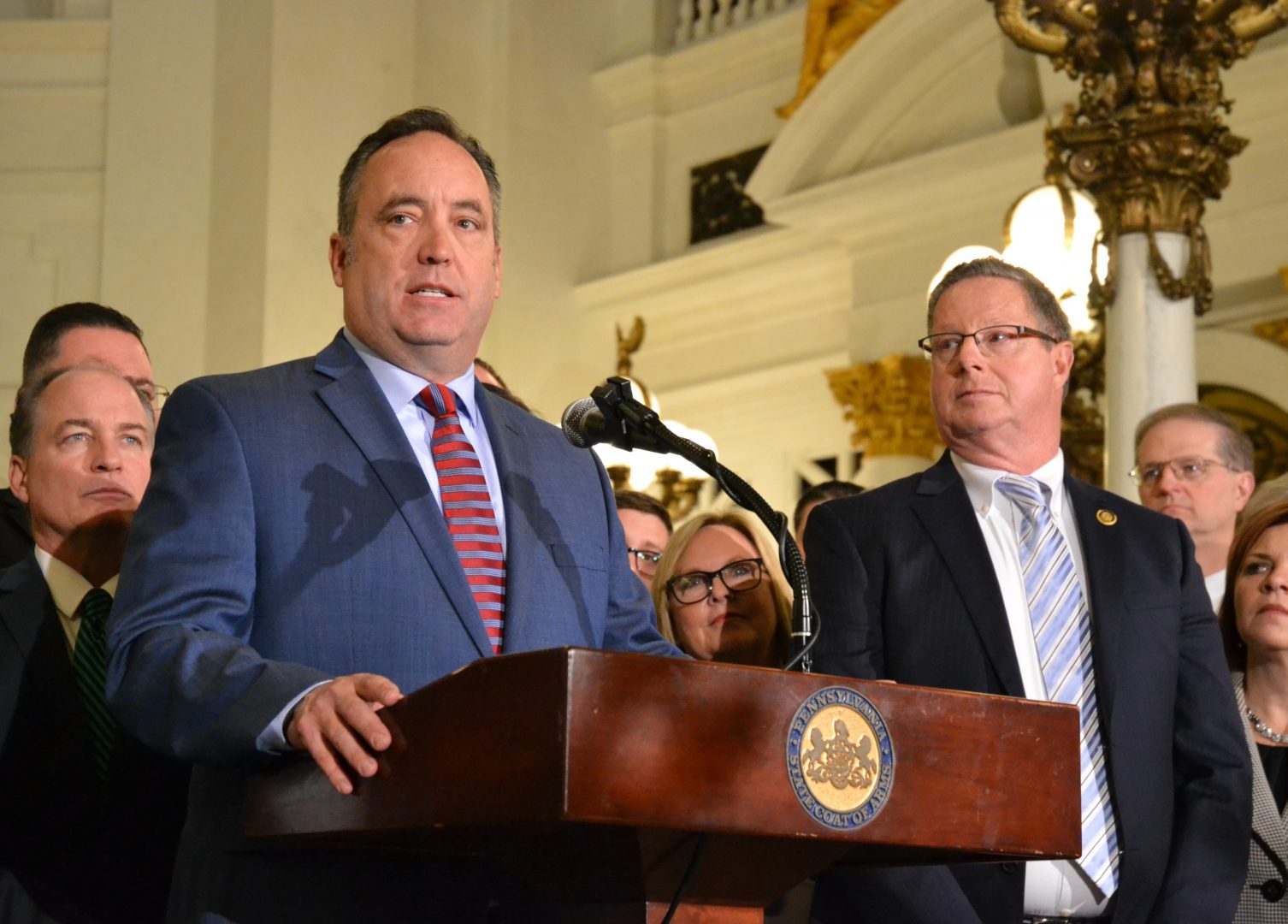 FILE PHOTO: Pennsylvania state Senate Majority Leader  Jake Corman speaks at an event inside the state Capitol.