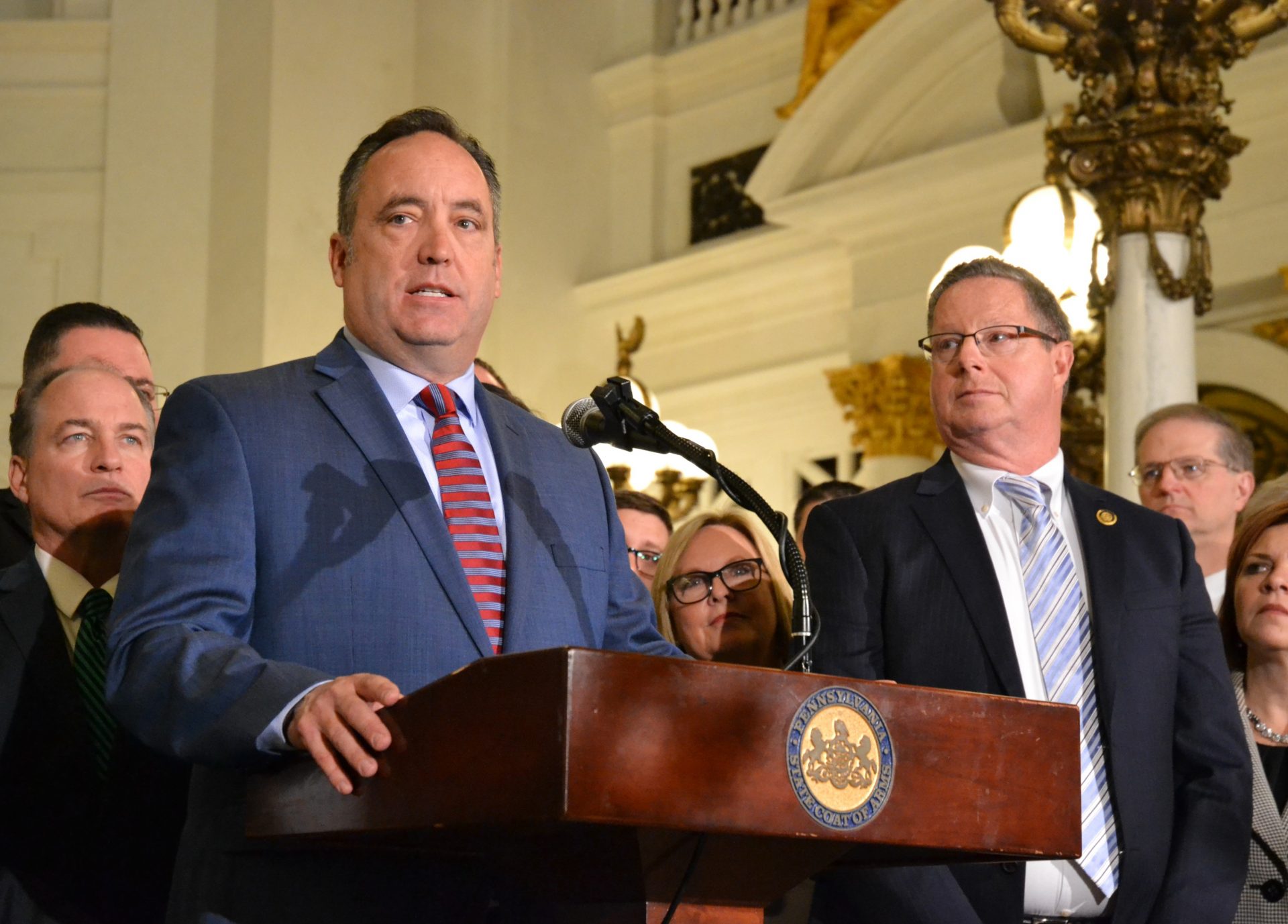 FILE PHOTO: Pennsylvania state Senate Majority Leader Jake Corman speaks at an event inside the state Capitol.