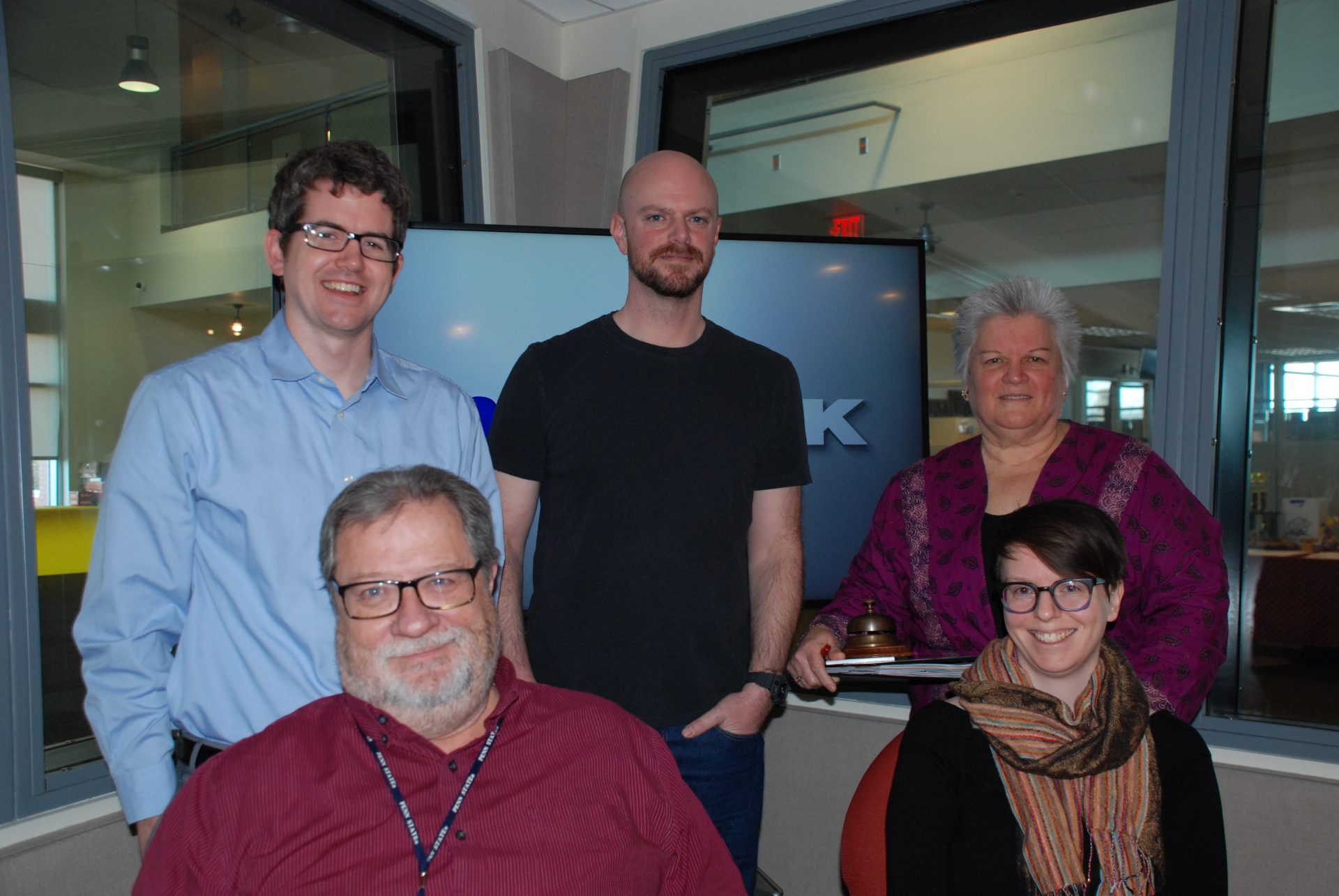 WITF staff appear on Smart Talk on February 21, 2020. Staff members from left to right: Ed Mahon (top left), Joe Ulrich, Ruth Keim, Scott LaMar (bottom left), and Lisa Wardle (bottom right).