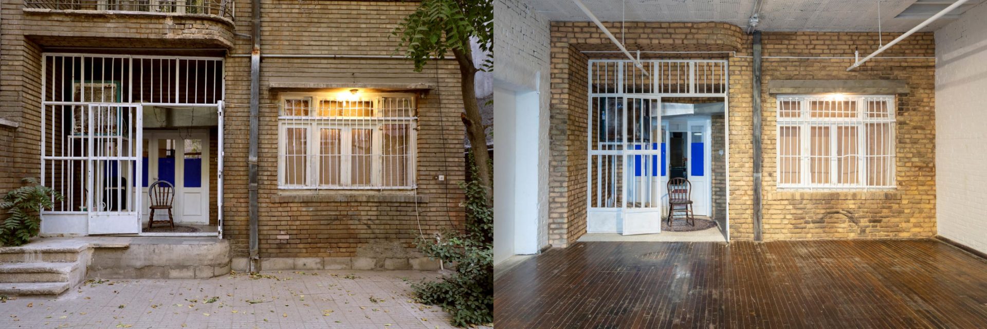 The entrance to Sohrab Kashani's Tehran, Iran apartment (left) and the facade of "The Other Apartment" at the Mattress Factory Museum (right).