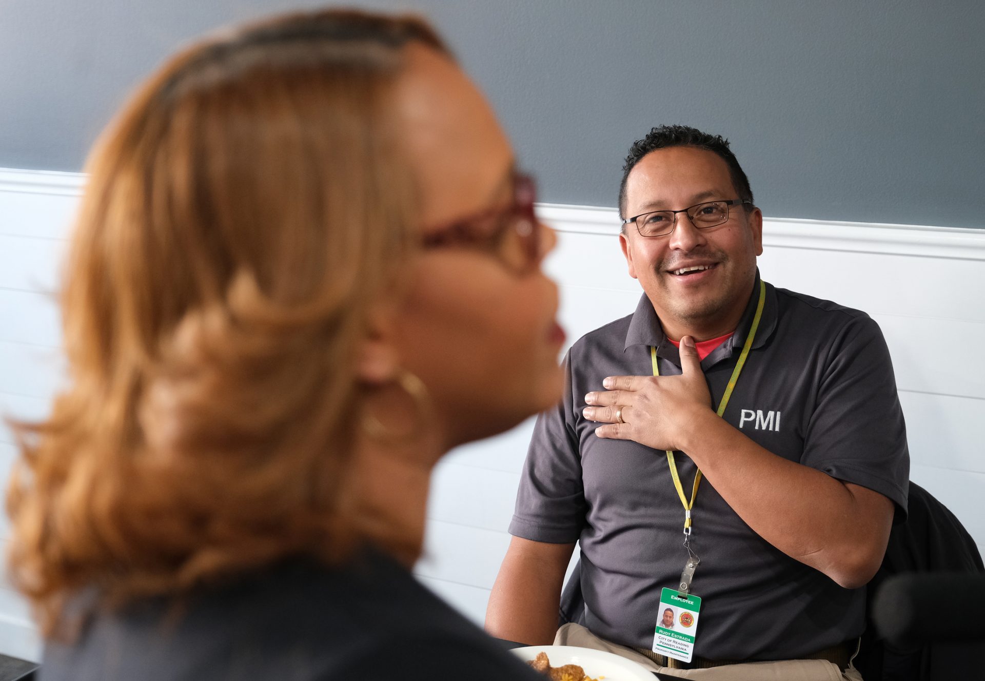 Owner and Reading City Council Member Johanny Cepeda-Freytiz, left, speaks as Rudy Estrada, right, with the Reading Codes Department, east lunch Jan. 15, 2020, at Mi Casa Su Casa in Reading, Pennsylvania.