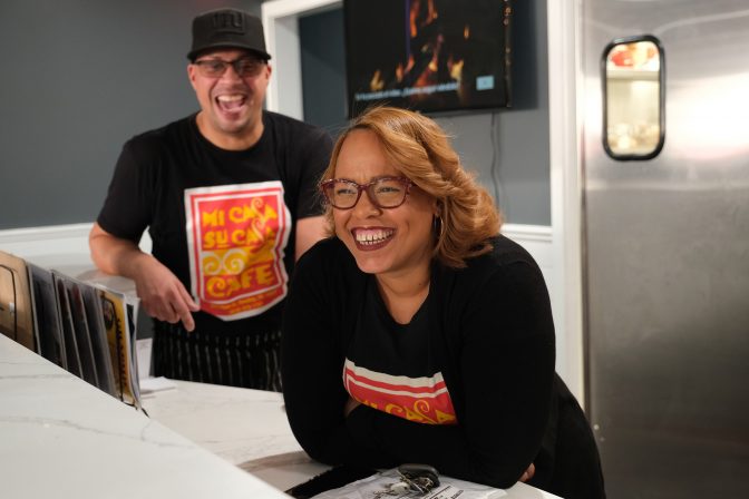 Co-owners Felix Freytiz, left, and his wife Johanny Cepeda-Freytiz share a laugh with customers Jan. 15, 2020, at Mi Casa Su Casa in Reading, Pennsylvania.