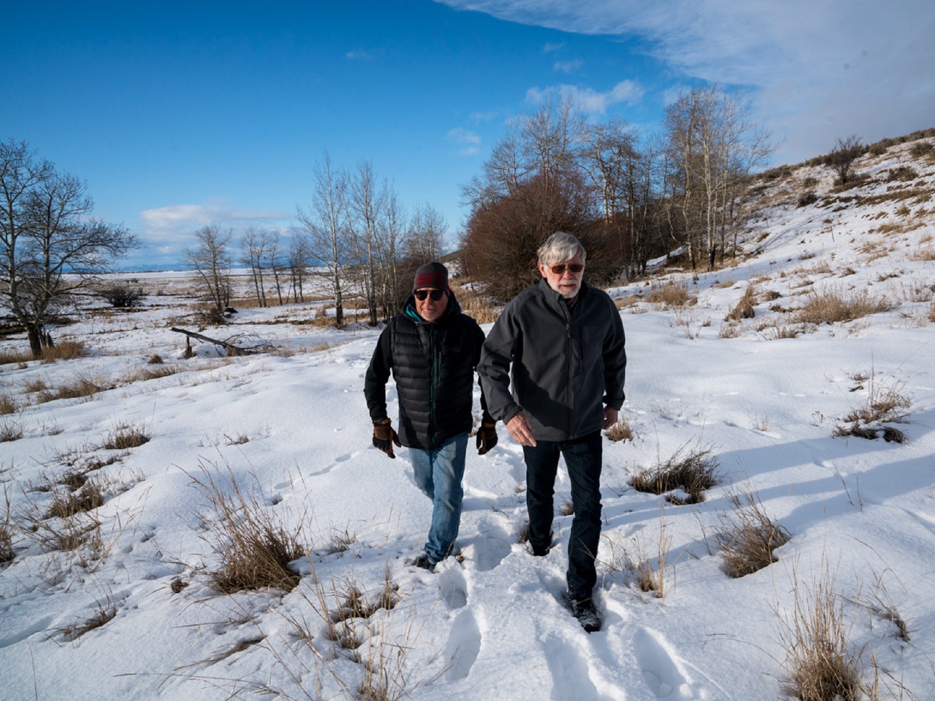 John Kowalski (left) and Paul Roos, retired hunting and fishing guides and conservationists, worked to secure the funding necessary to restore the wetlands surrounding Nevada Spring Creek through a private mitigation bank.