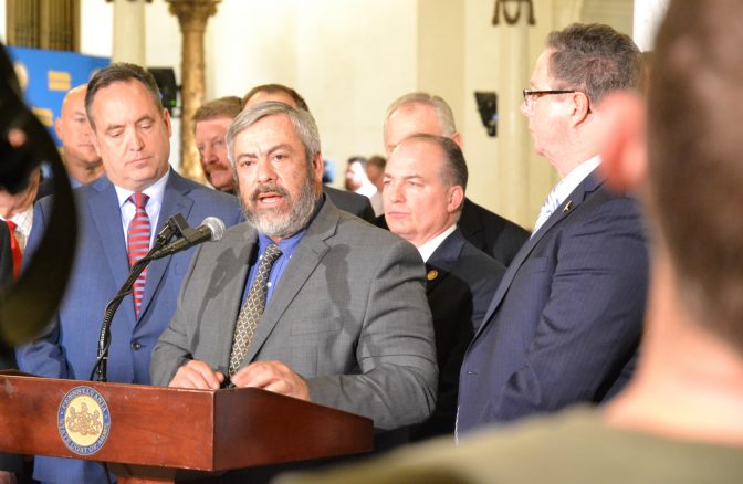 State Sen. Pat Browne, R-Lehigh, addresses reporters after Gov. Tom Wolf's budget address Tuesday.