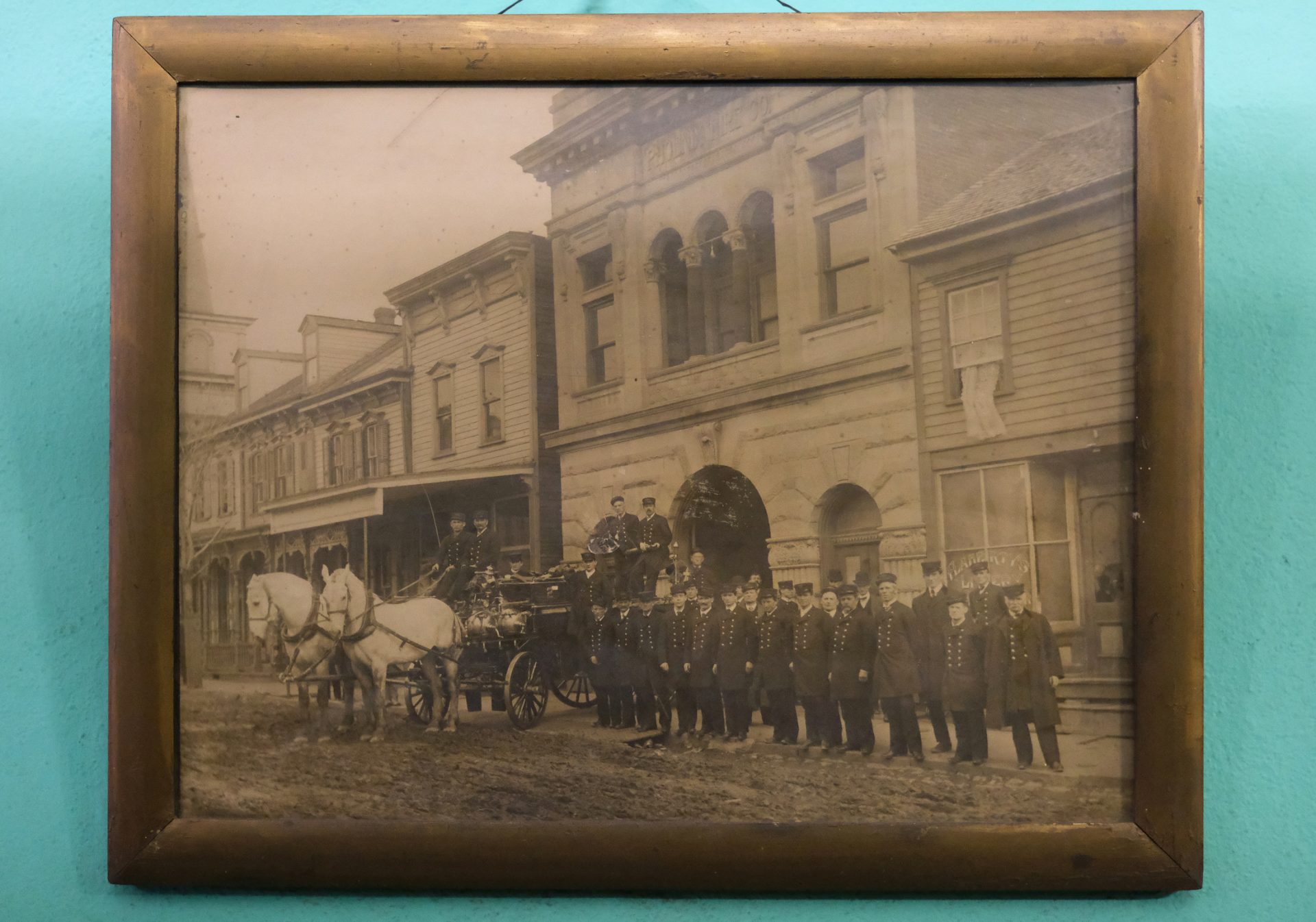 A photo of the company of firefighters taken in the 19th century is displayed Jan. 16, 2020, at Phoenix Fire Company No. 2 in Shenandoah, Pennsylvania.