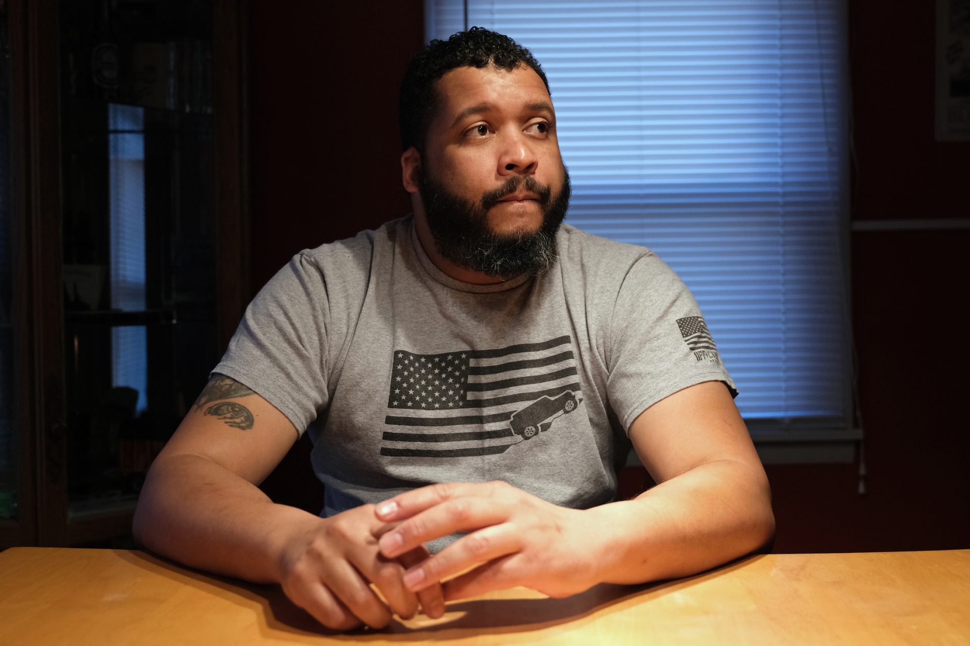 Ronald Stanley Webb, Jr, nicknamed Stosh, talks while in his home Jan. 16, 2020, in Deer Lake, Pennsylvania. Webb was subjected to a racial slur while at Port Clinton Fire Company.