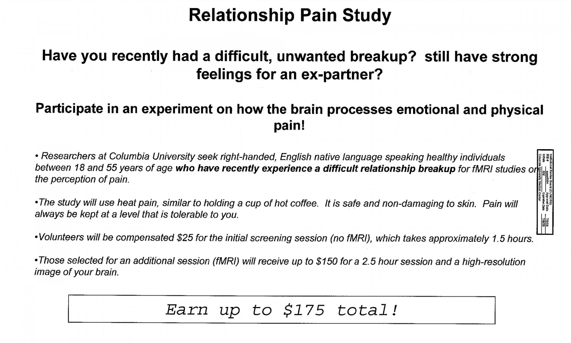 A flier seeking heart broken individuals for brain study