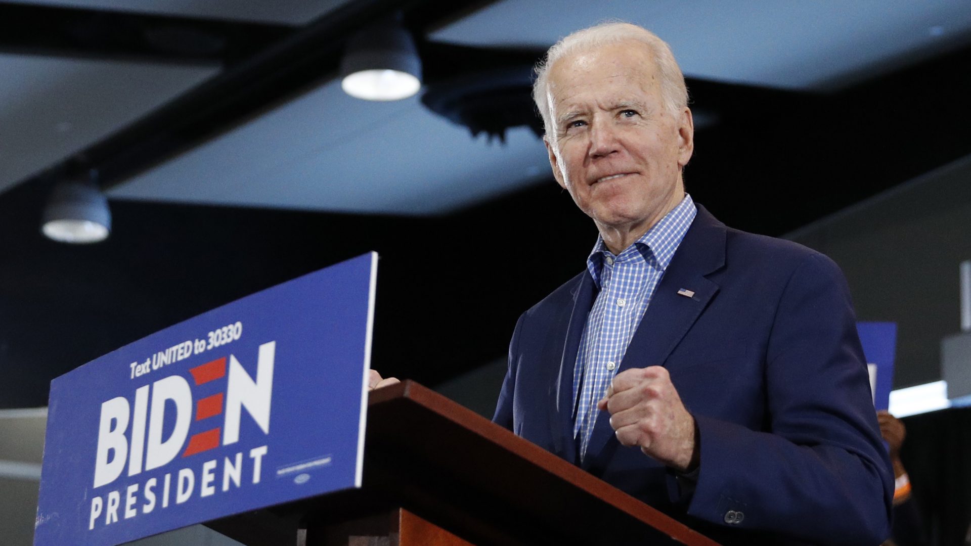 Former Vice President Joe Biden speaks during a caucus night event Saturday in Las Vegas.
