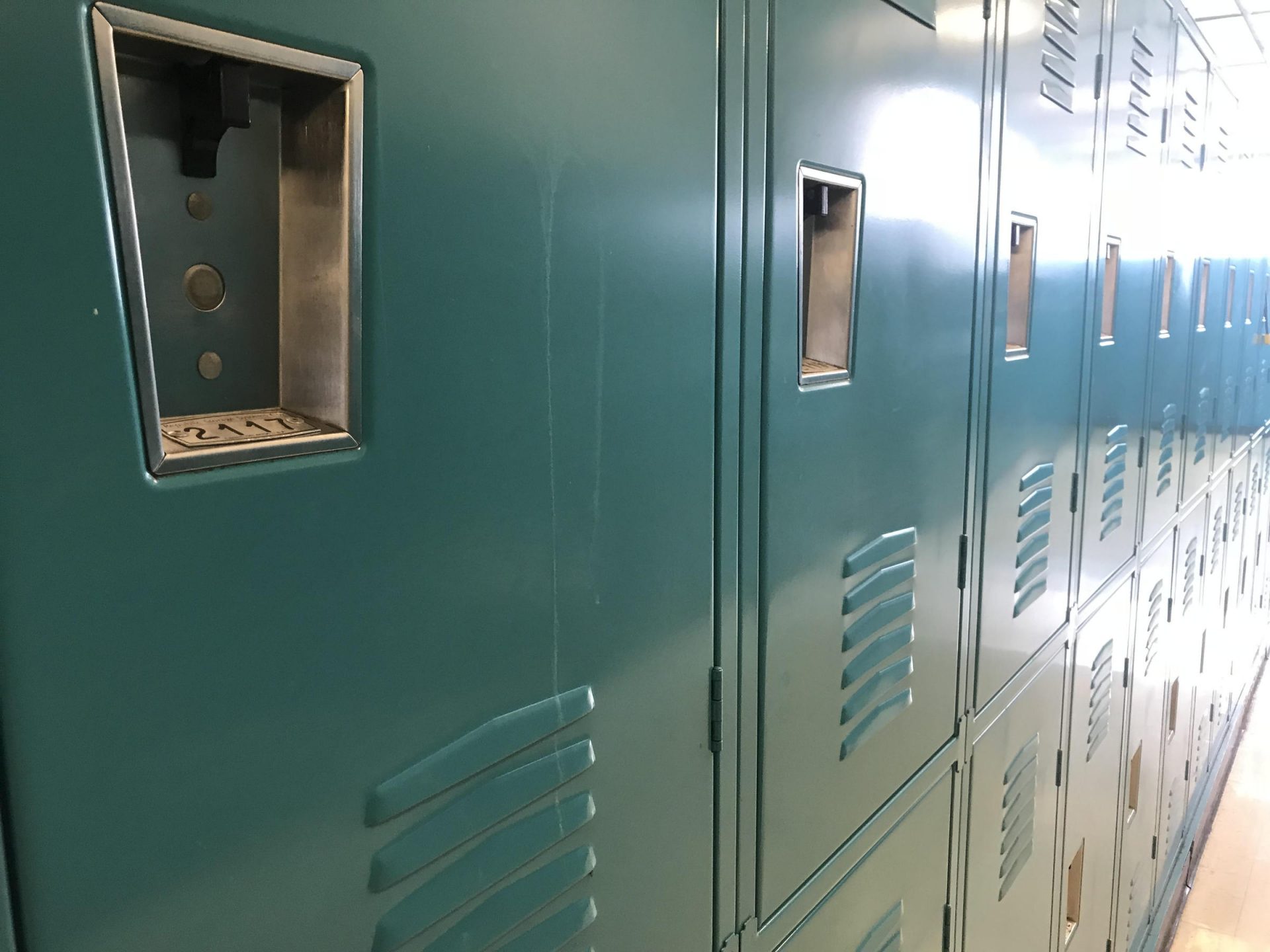 Lockers line a hallway at Brashear Middle School in Pittsburgh.